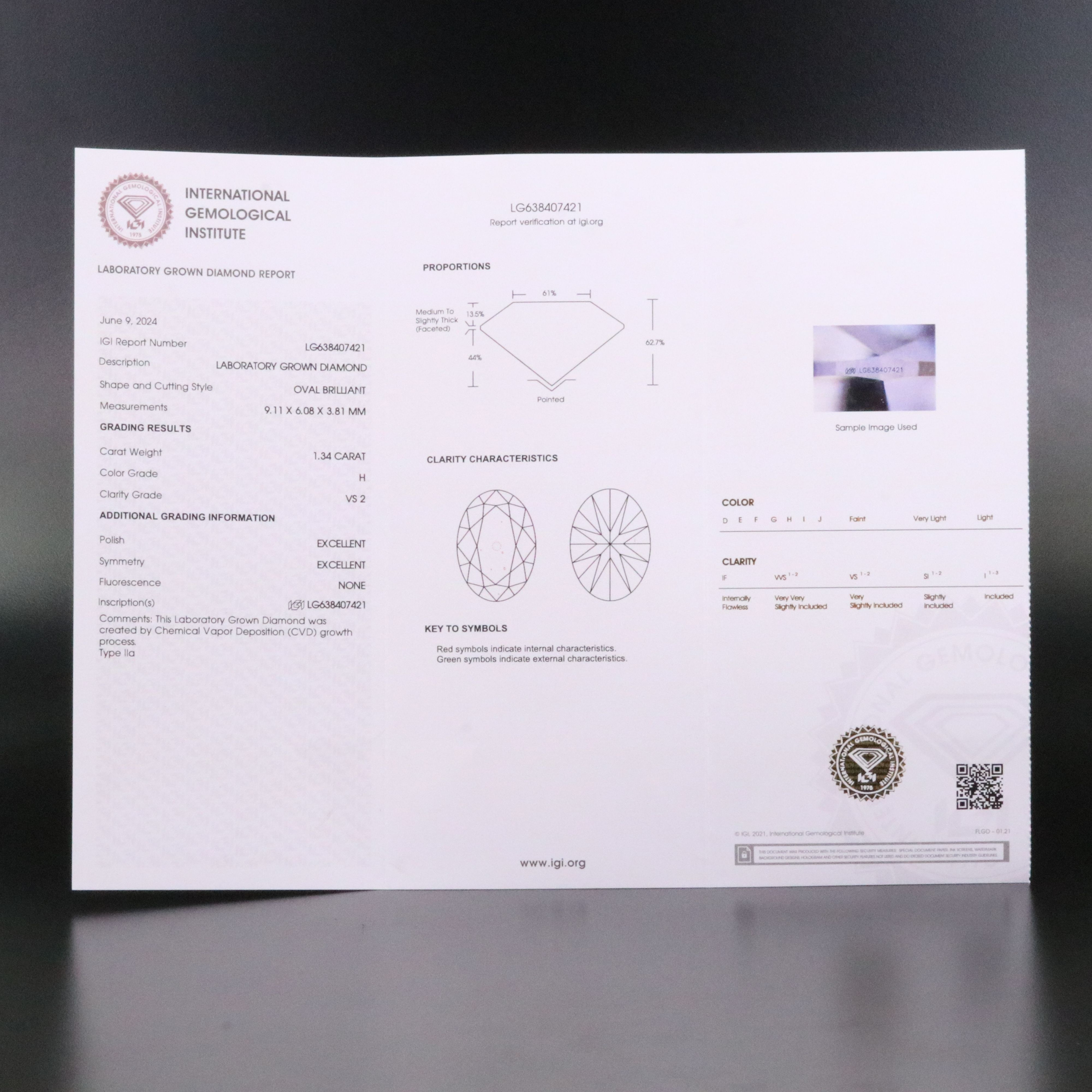 Loose 1.34 CT Lab Grown Diamond with IGI Report