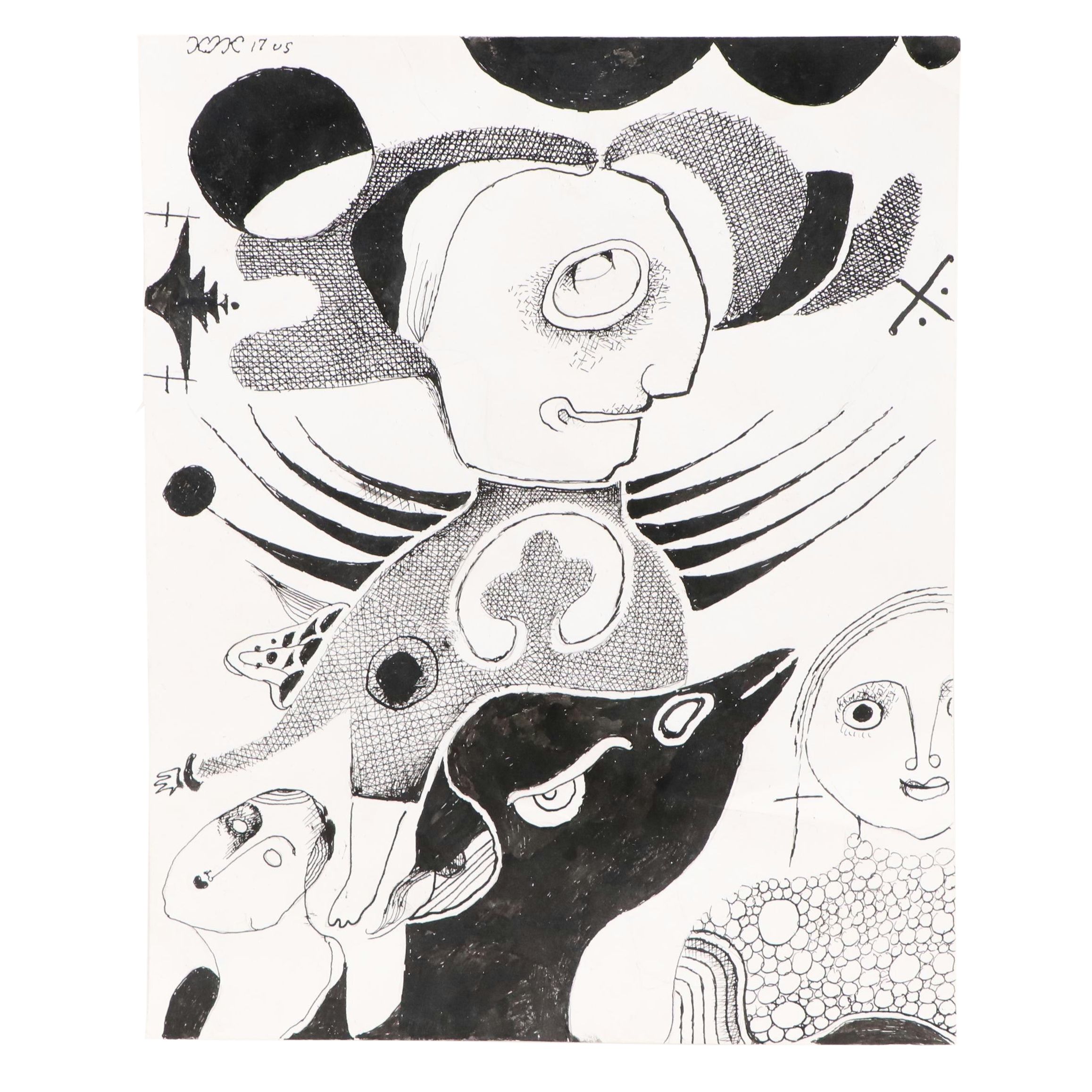 Nikolay "Kuk" Manuylov Figural Surrealist Pen and Ink Drawing, 2017