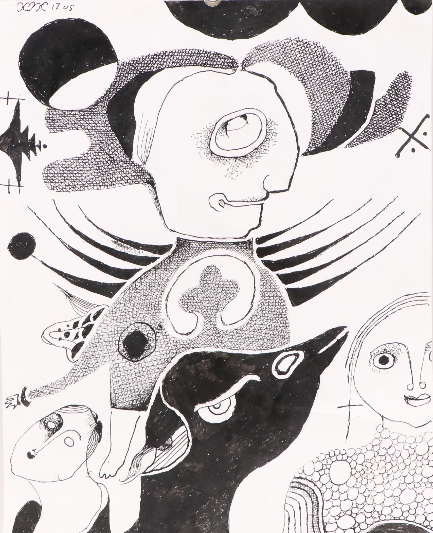 Nikolay "Kuk" Manuylov Figural Surrealist Pen and Ink Drawing, 2017