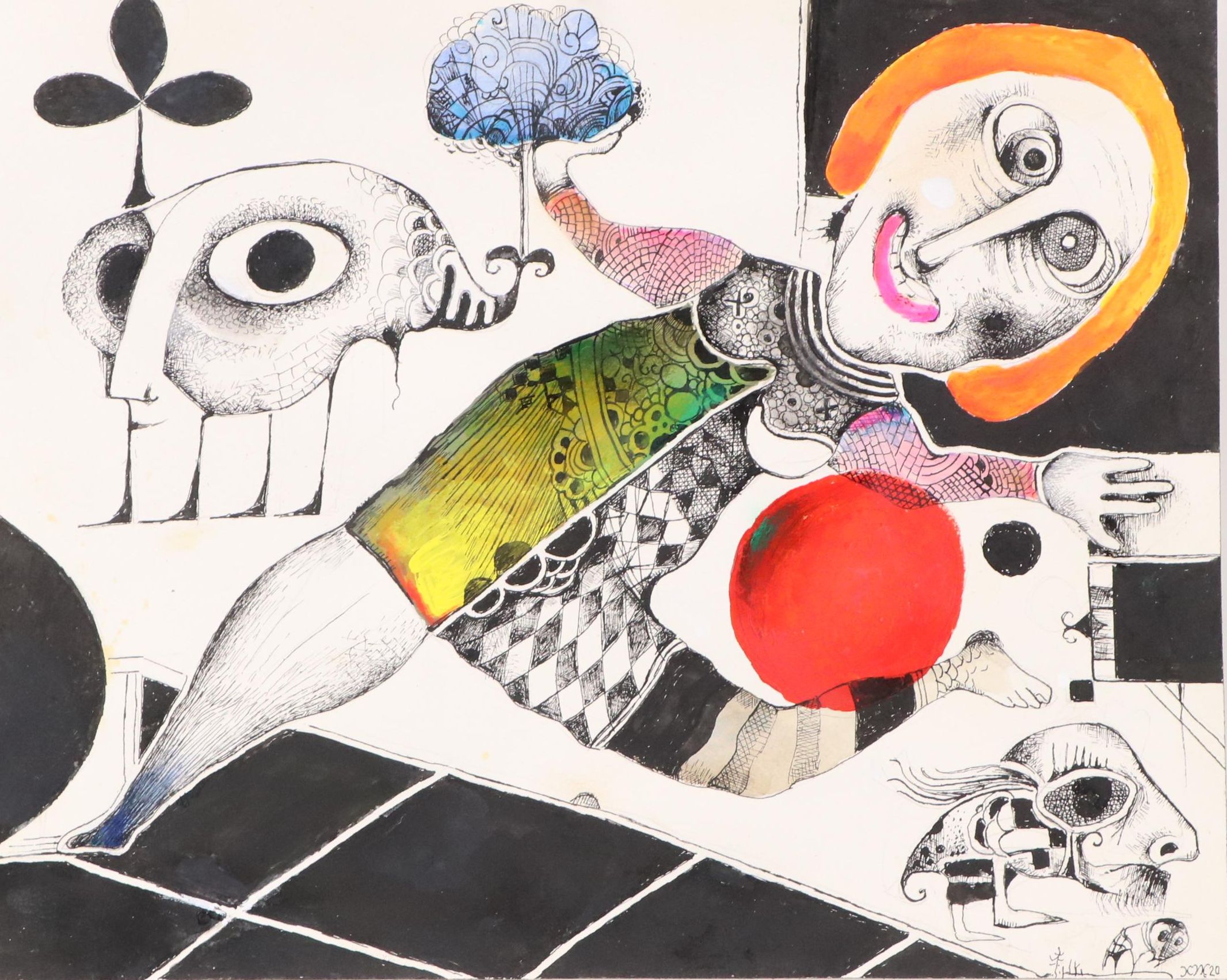 Nikolay "Kuk" Manuylov Surrealist Figural Mixed Media Drawing, 2020