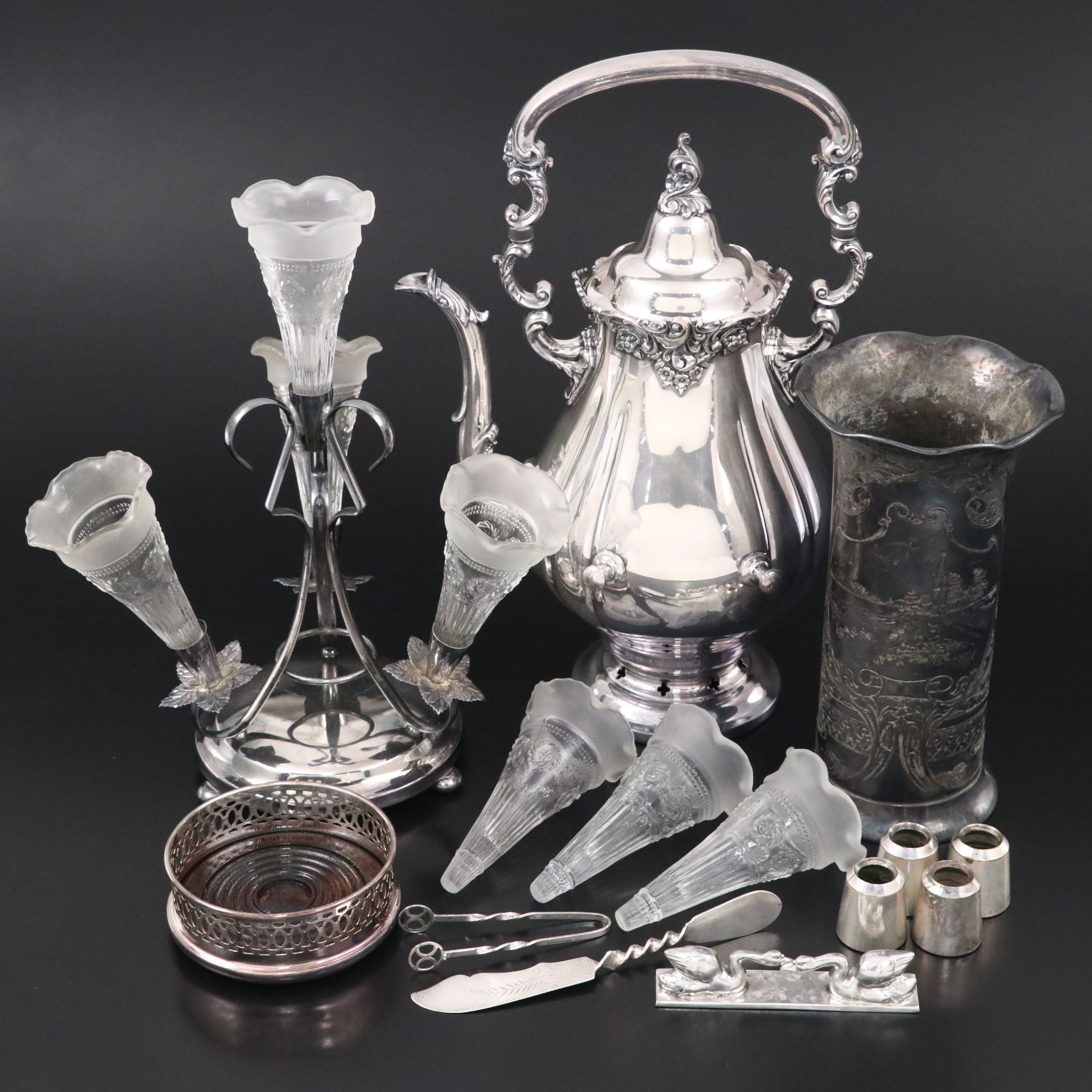 Wallace "Baroque" Kettle with Other Silver Plate Epergne and Other Tableware