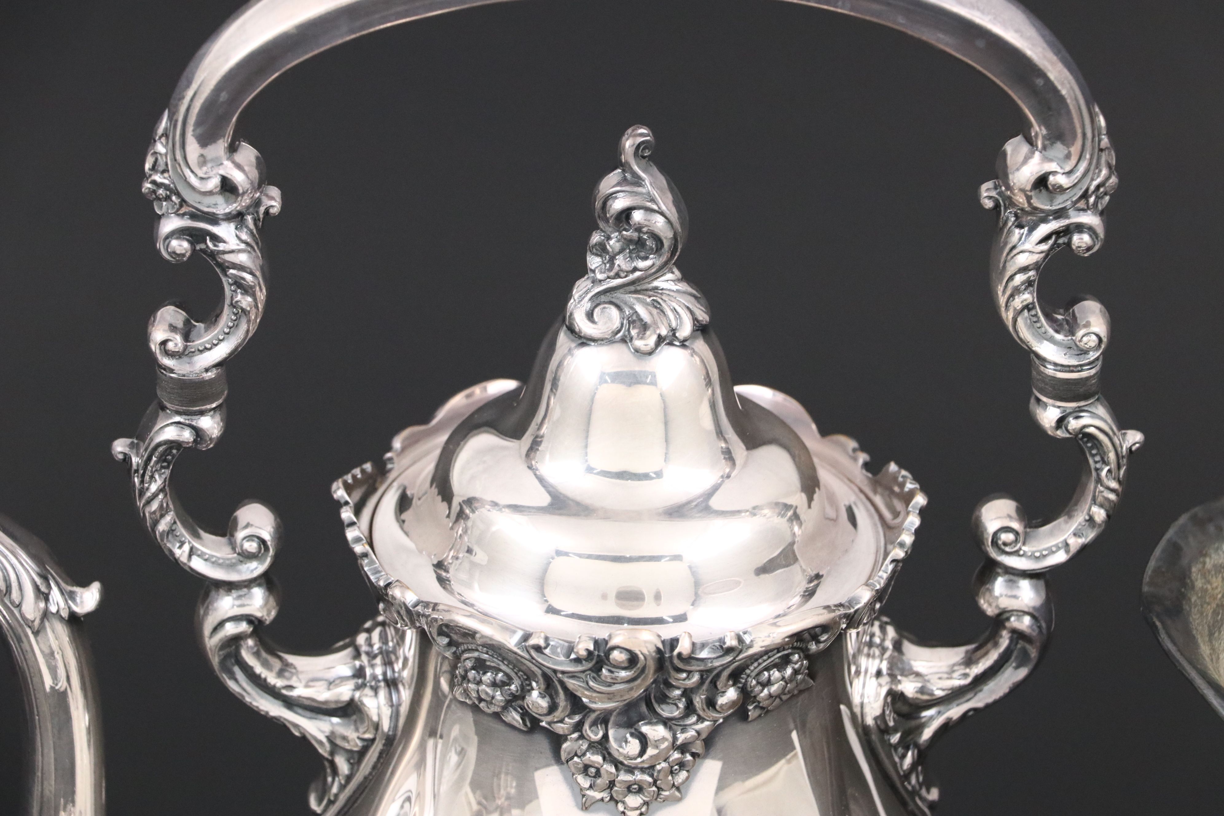 Wallace "Baroque" Kettle with Other Silver Plate Epergne and Other Tableware