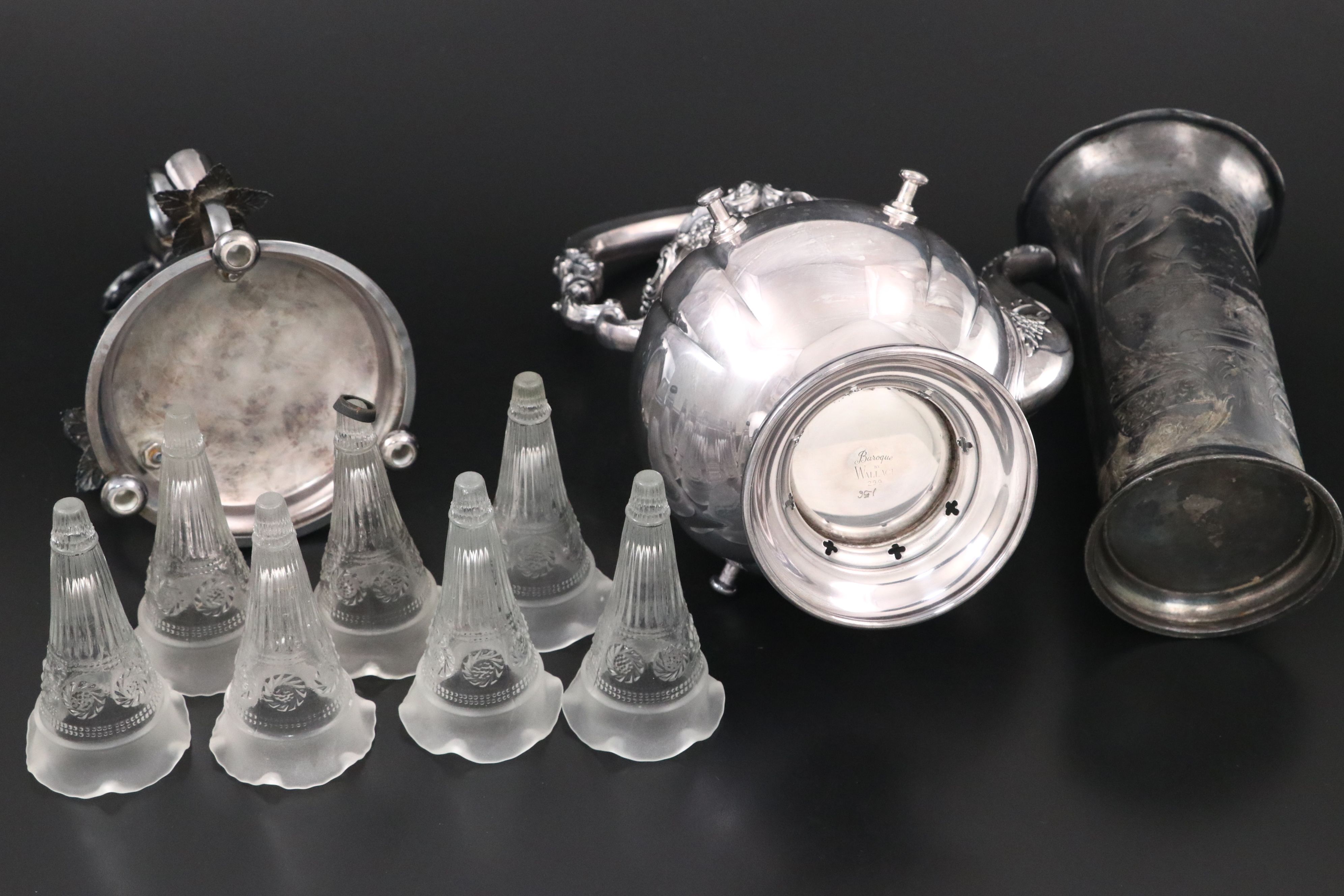 Wallace "Baroque" Kettle with Other Silver Plate Epergne and Other Tableware