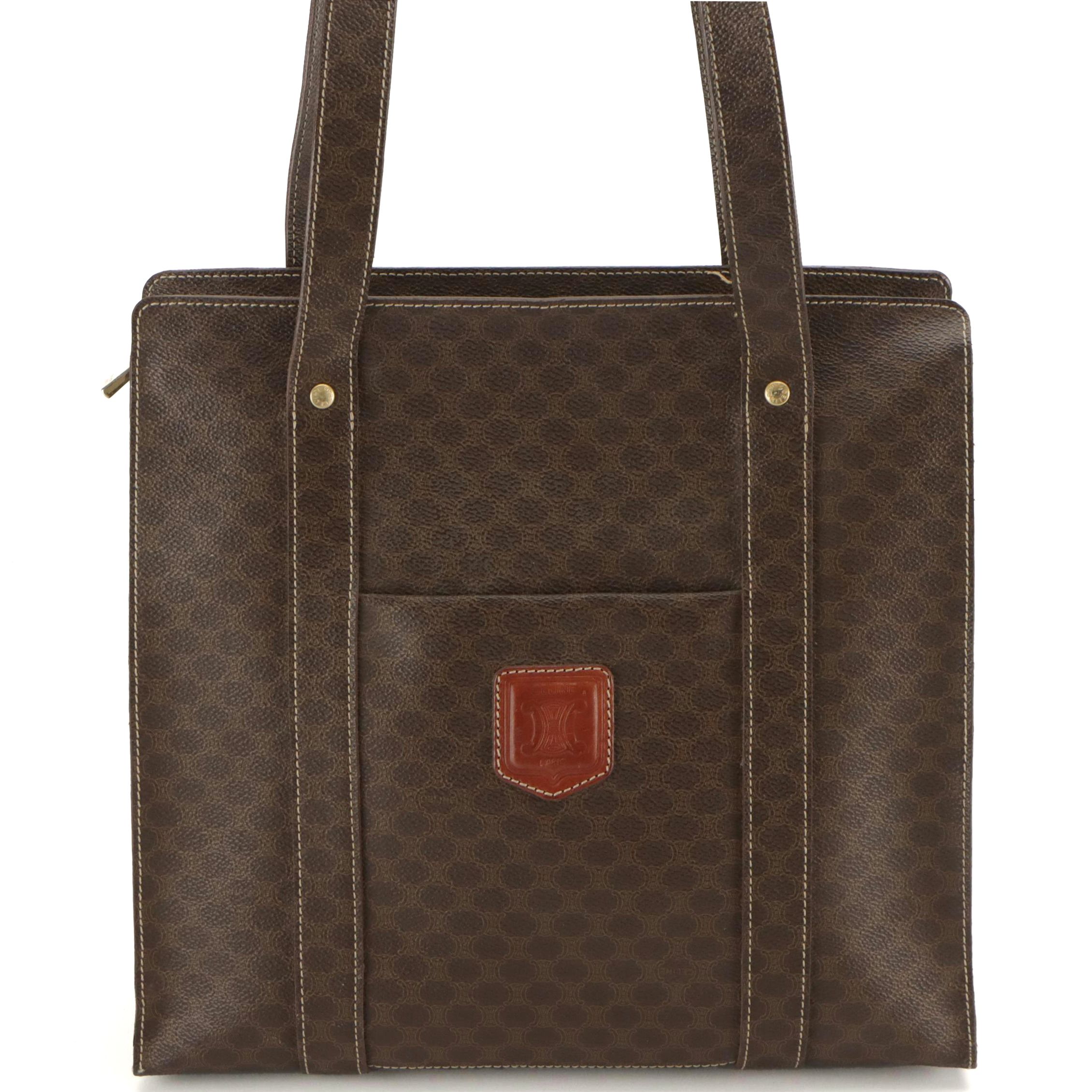 Celine Long Strap Front-Pocket Zip Tote in Macadam Canvas and Leather Trim