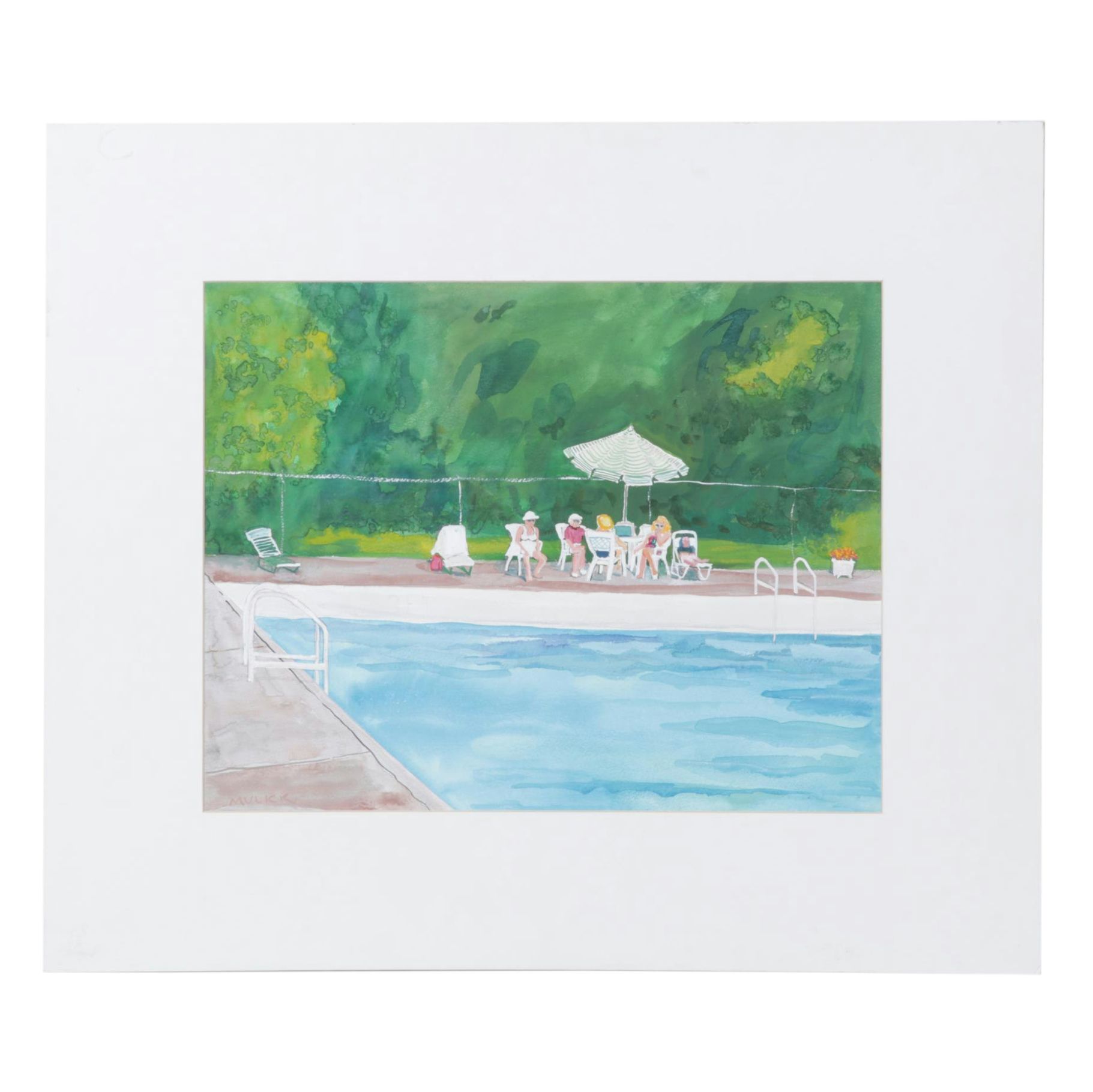 Nancy Mulick Watercolor Painting of Poolside Scene