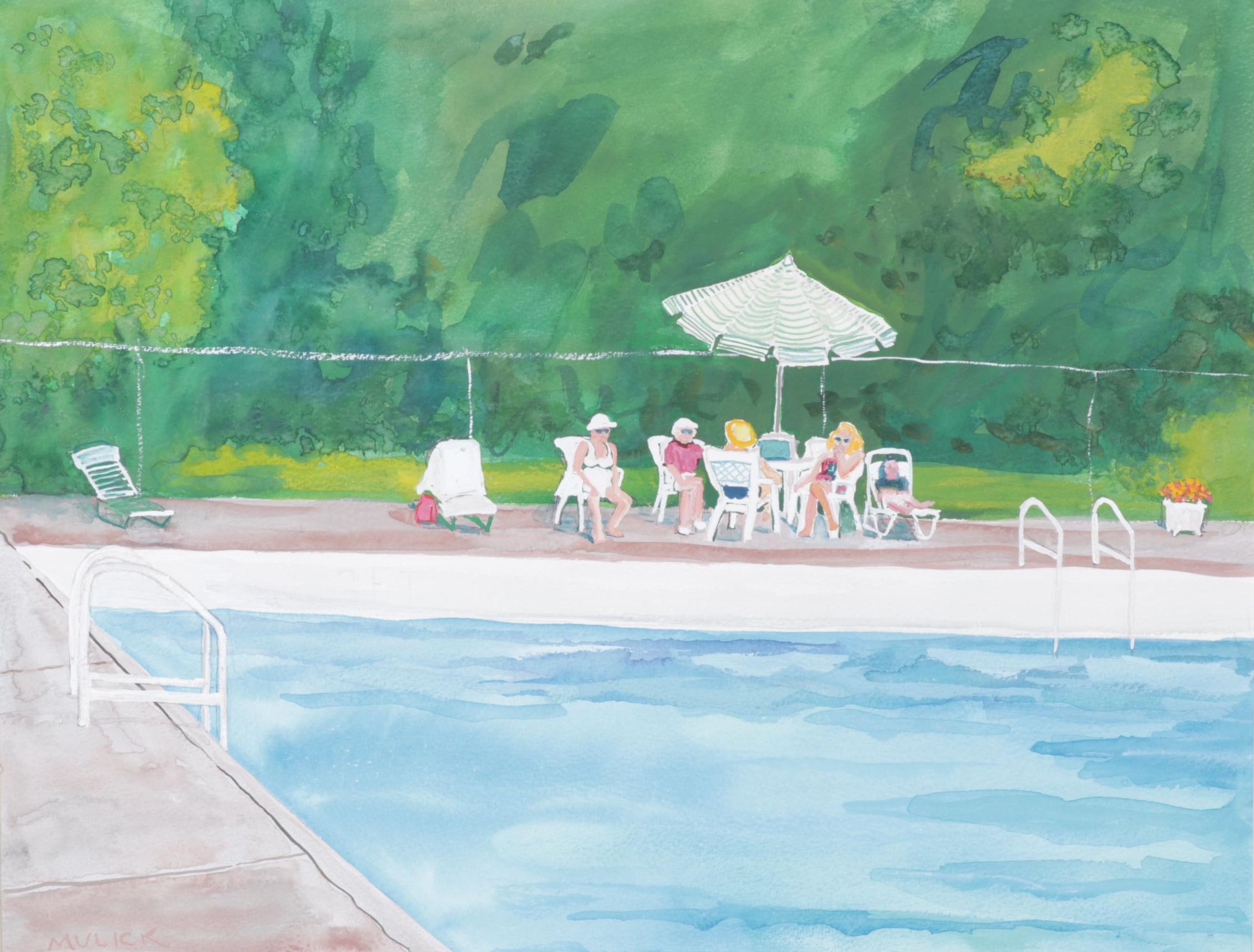 Nancy Mulick Watercolor Painting of Poolside Scene