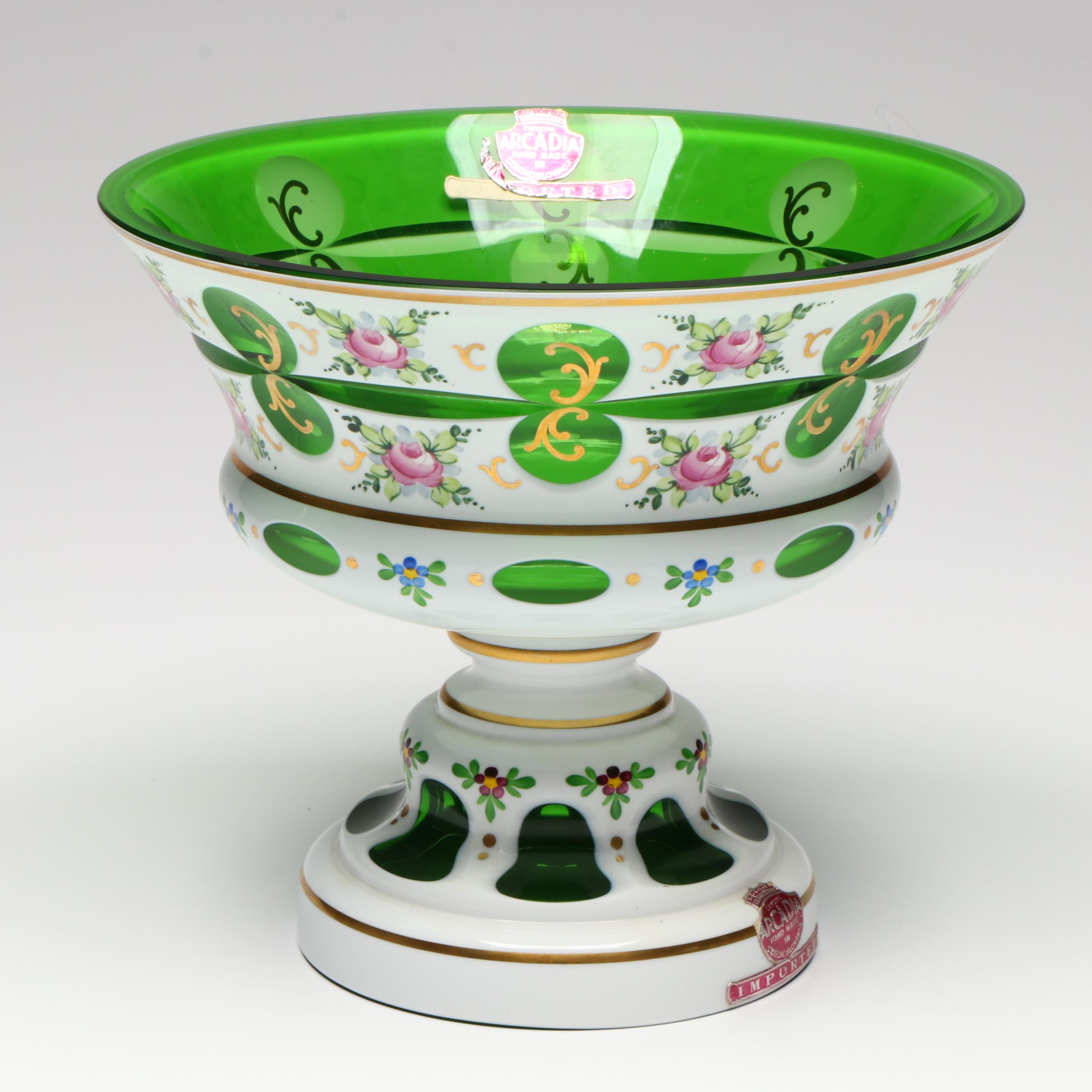 Arcadia Bohemian Style Cased Cut to Green Glass Footed Bowl