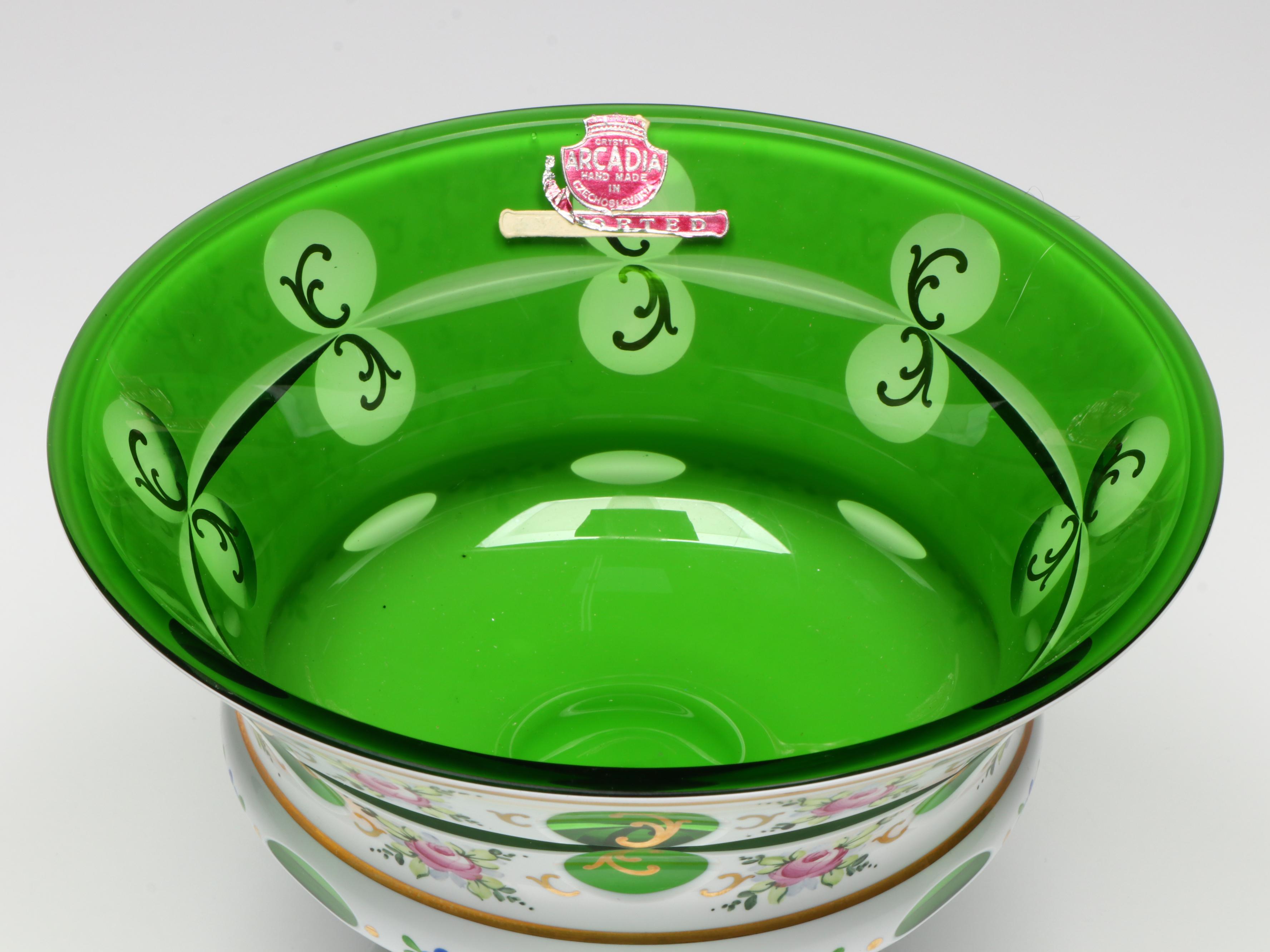 Arcadia Bohemian Style Cased Cut to Green Glass Footed Bowl