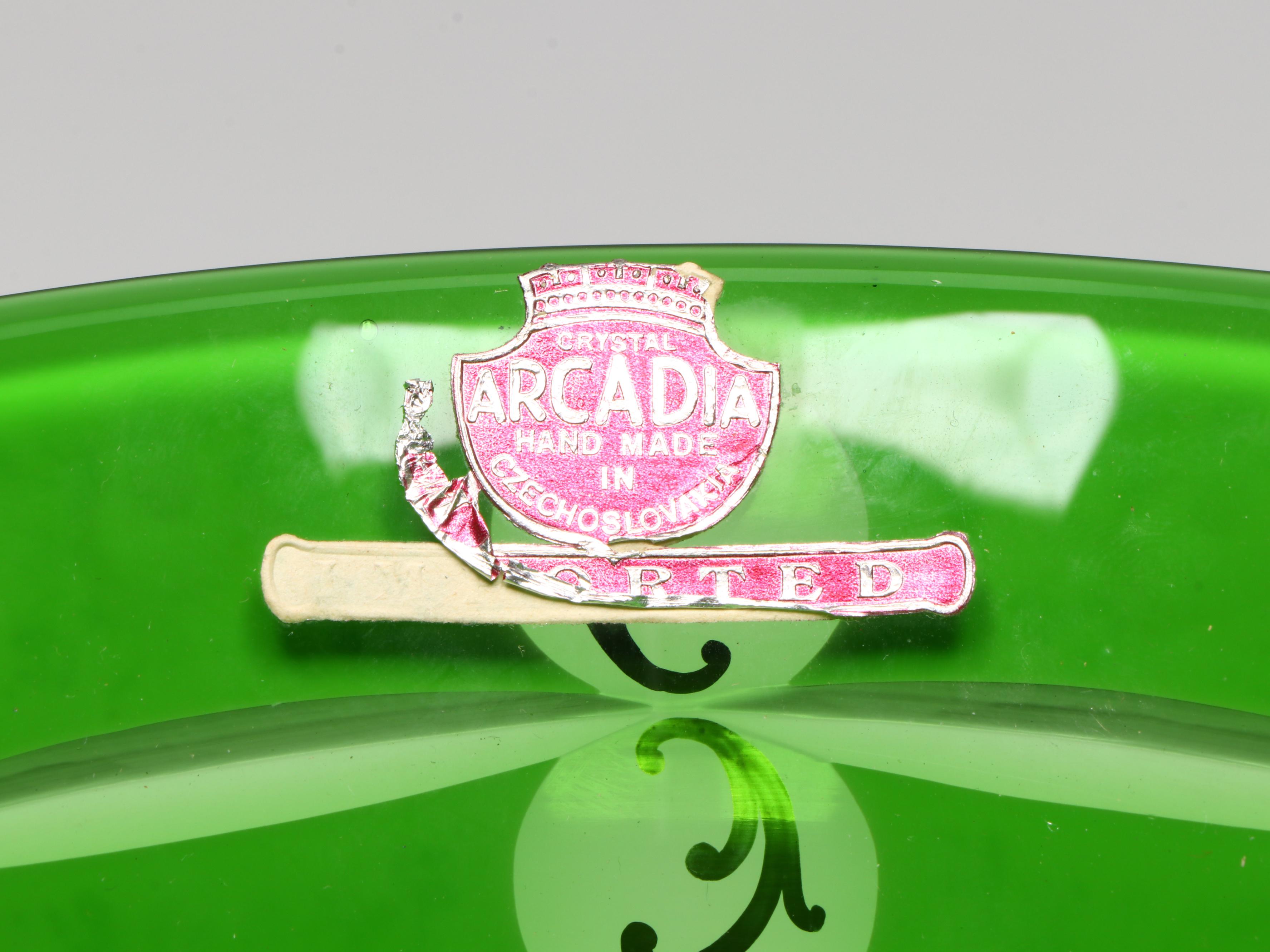 Arcadia Bohemian Style Cased Cut to Green Glass Footed Bowl