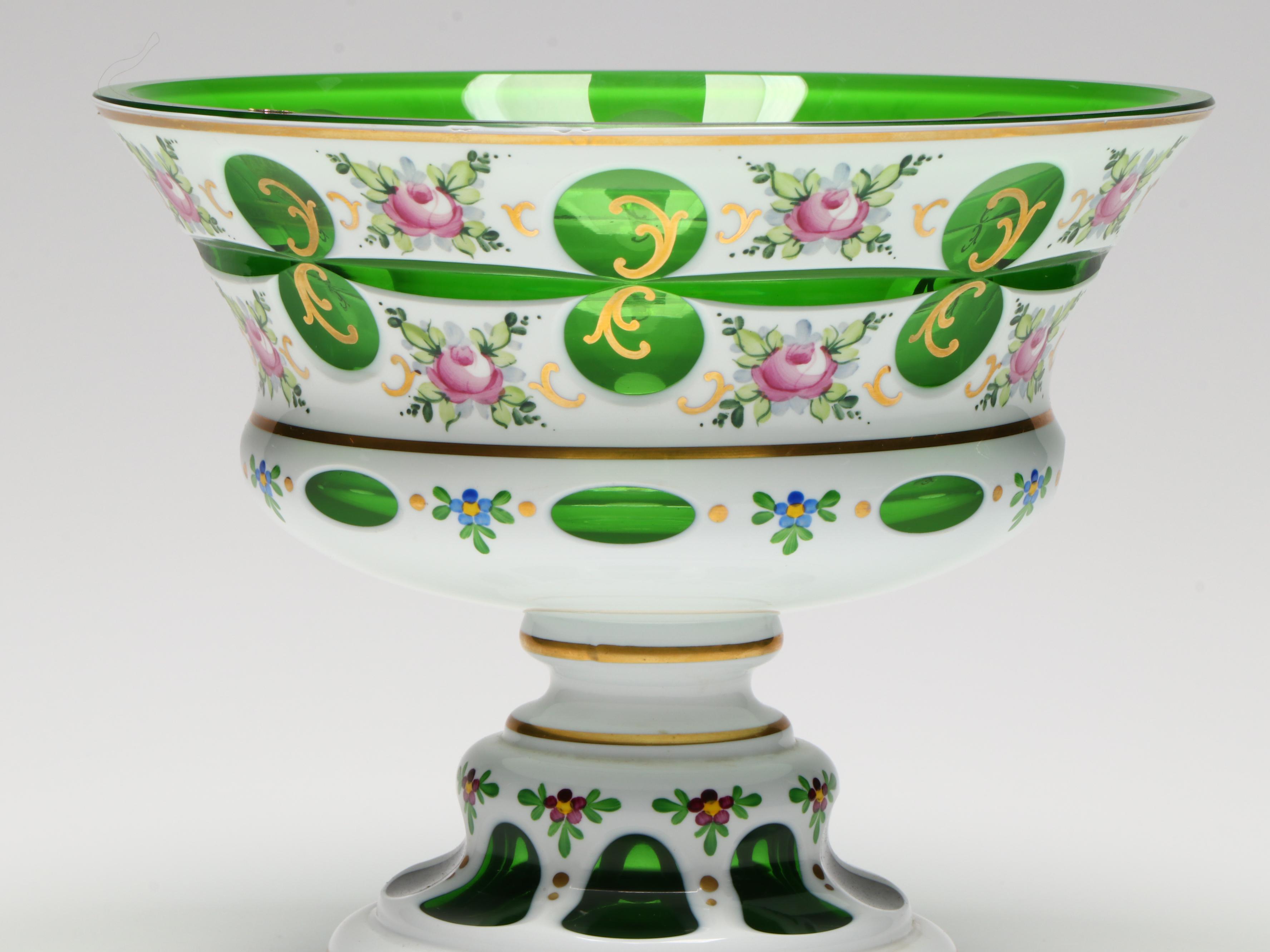 Arcadia Bohemian Style Cased Cut to Green Glass Footed Bowl