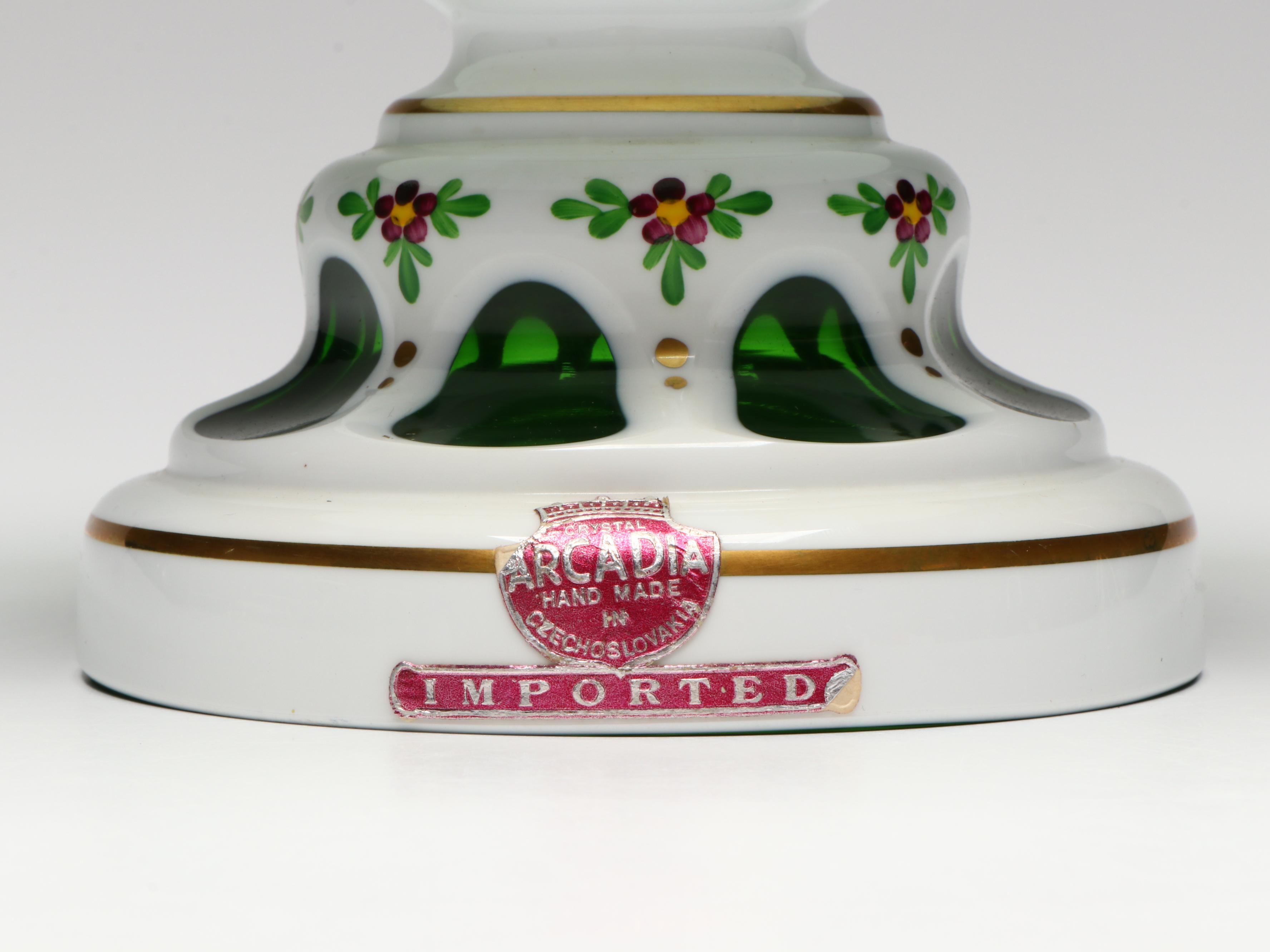 Arcadia Bohemian Style Cased Cut to Green Glass Footed Bowl