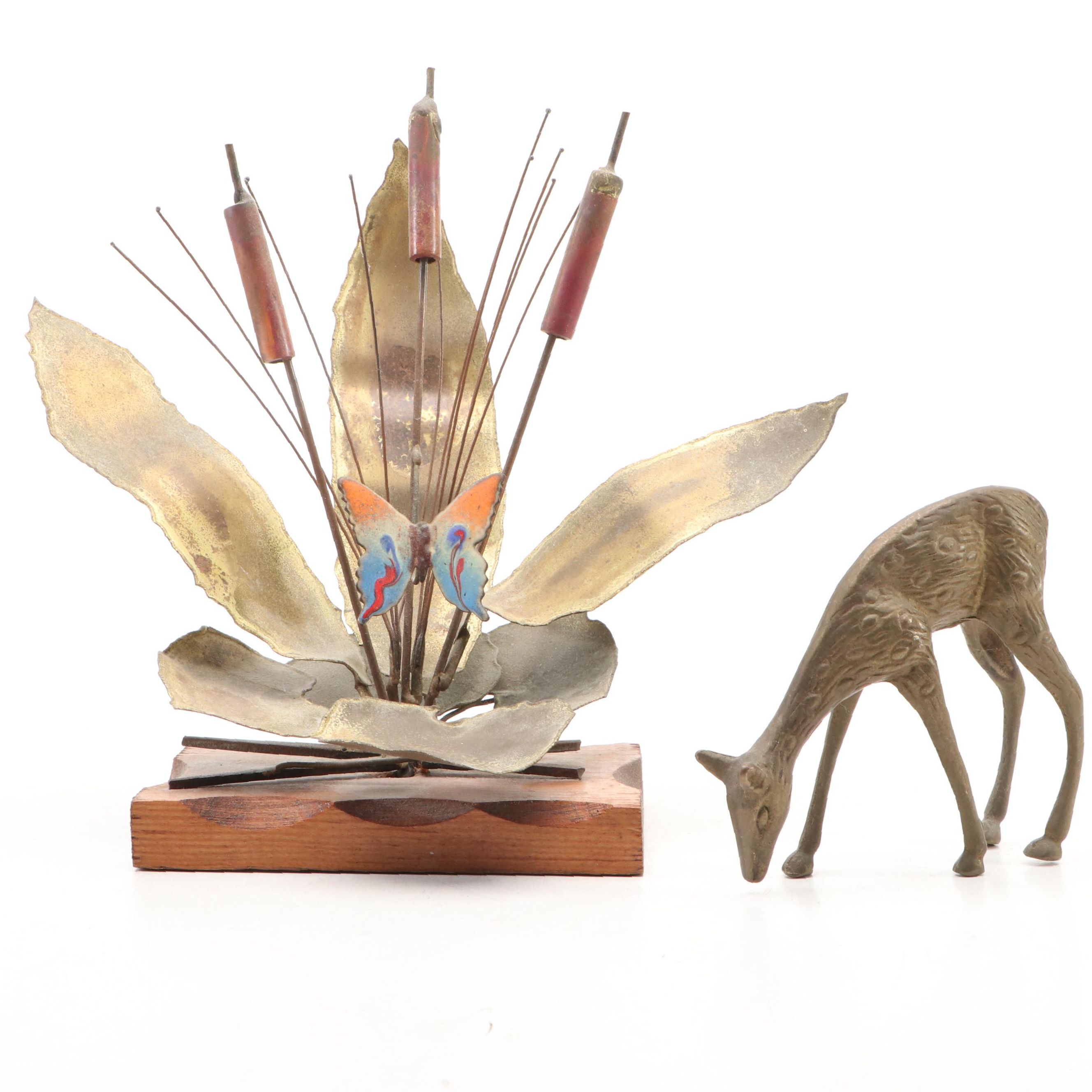 Brass Cattail with Enamel Butterfly Figure and Brass White-Tailed Fawn