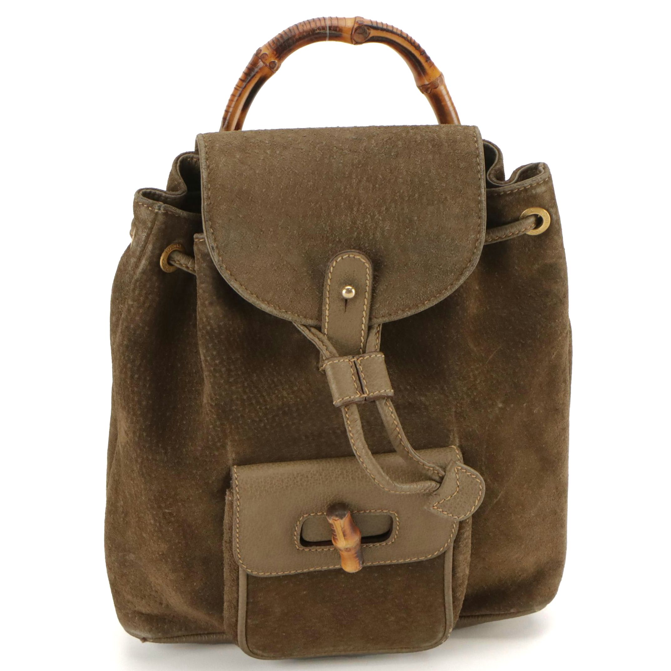 Gucci Bamboo Handle Mini Drawstring Backpack in Brown Suede and Leather