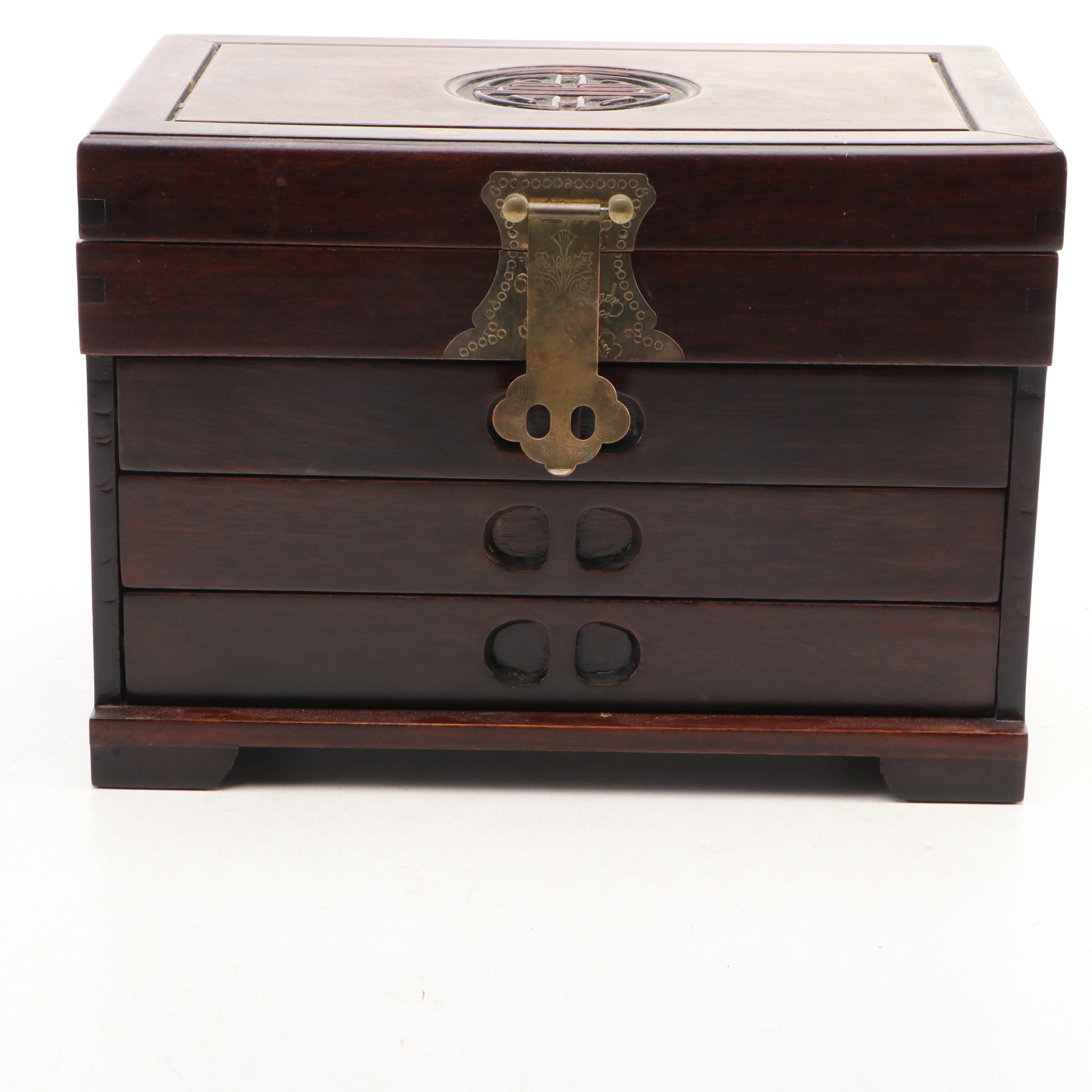 Chinese Wood and Brass Hardware Jewelry Box with Peacock Pattern Red Silk Lining