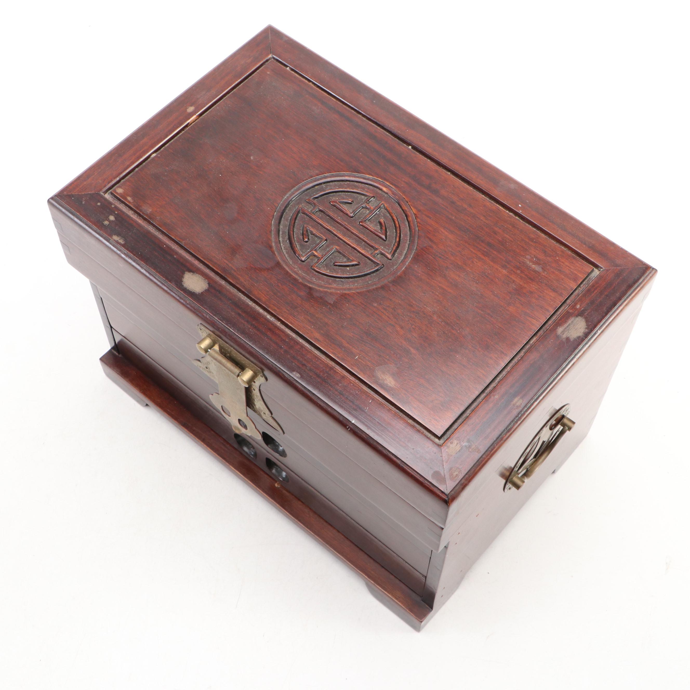 Chinese Wood and Brass Hardware Jewelry Box with Peacock Pattern Red Silk Lining