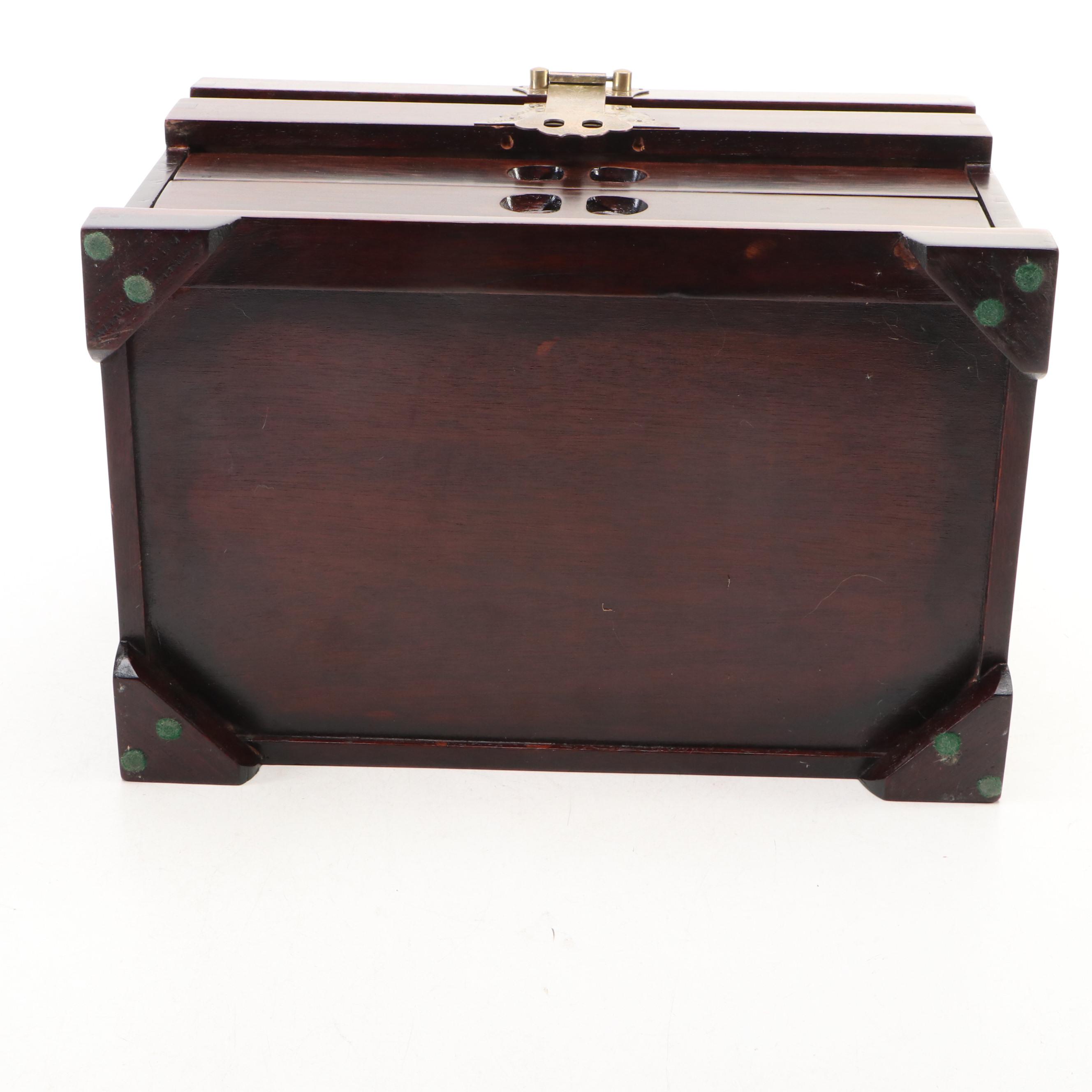 Chinese Wood and Brass Hardware Jewelry Box with Peacock Pattern Red Silk Lining