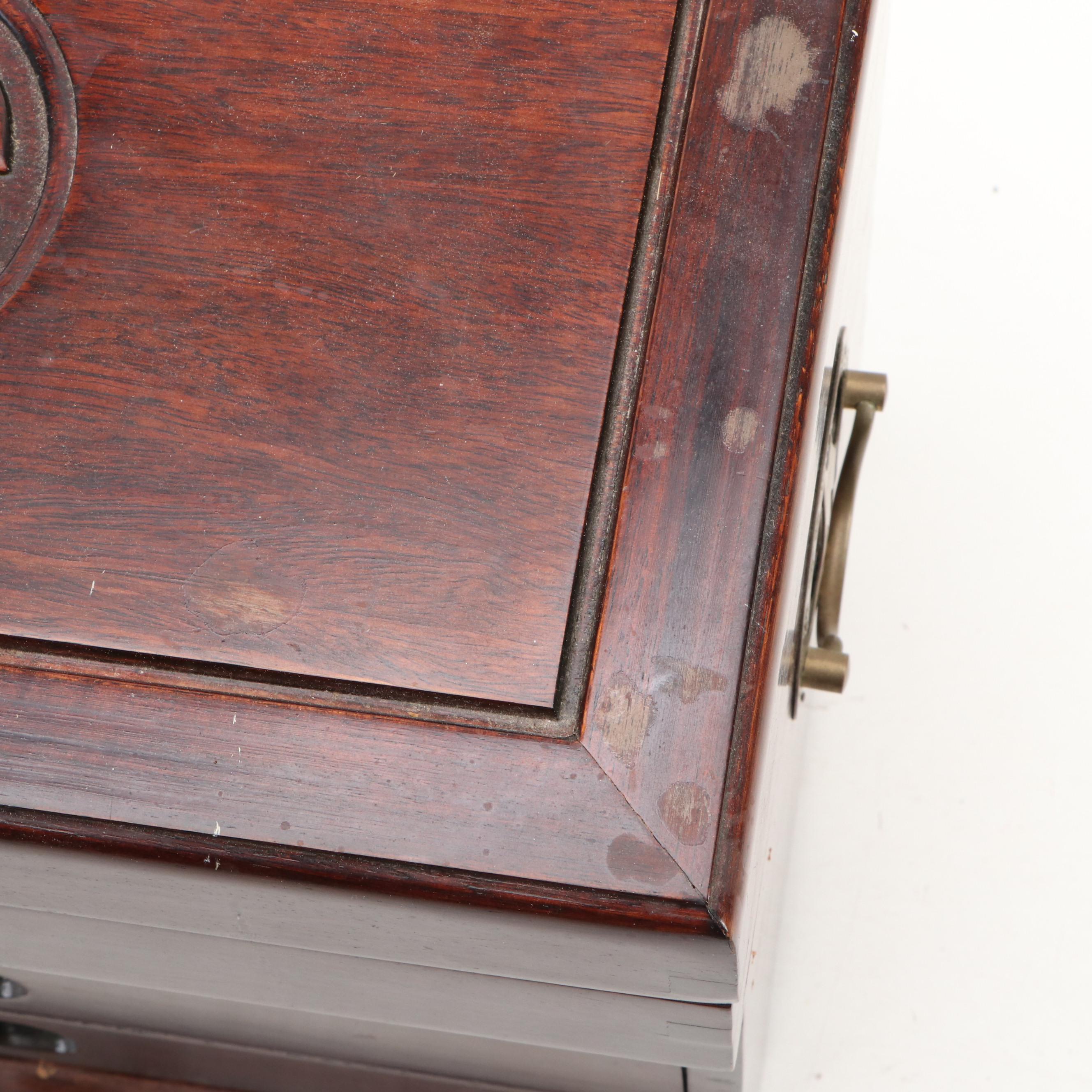 Chinese Wood and Brass Hardware Jewelry Box with Peacock Pattern Red Silk Lining