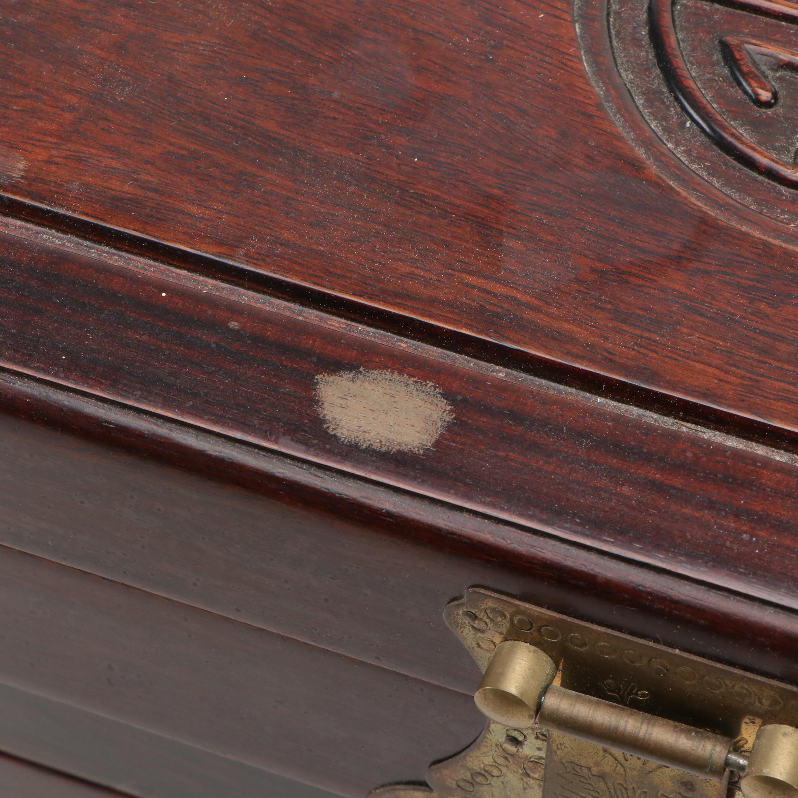 Chinese Wood and Brass Hardware Jewelry Box with Peacock Pattern Red Silk Lining