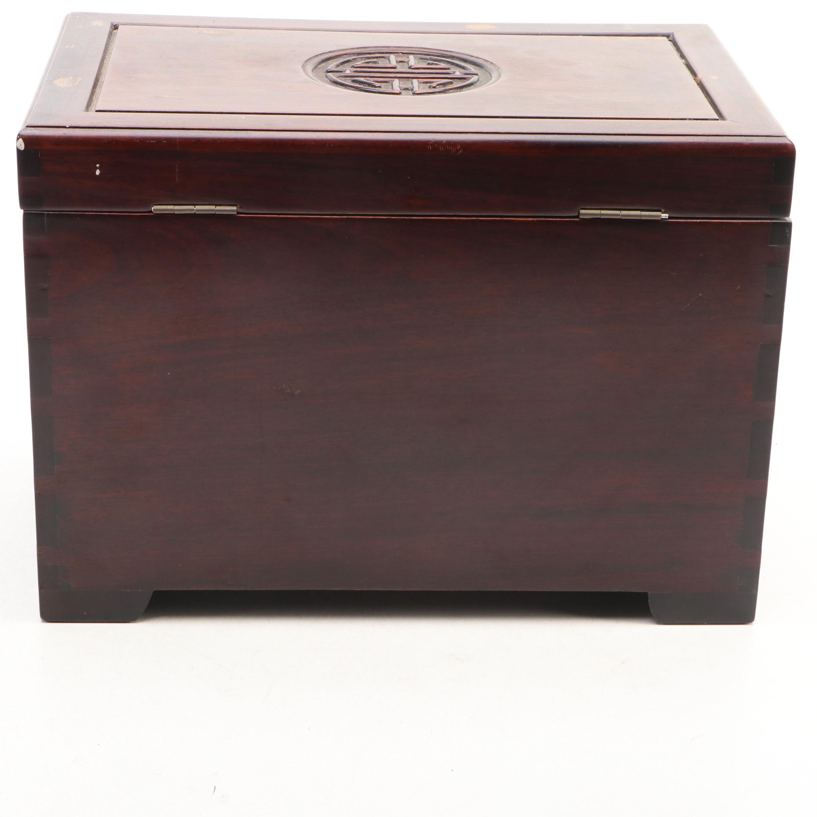 Chinese Wood and Brass Hardware Jewelry Box with Peacock Pattern Red Silk Lining
