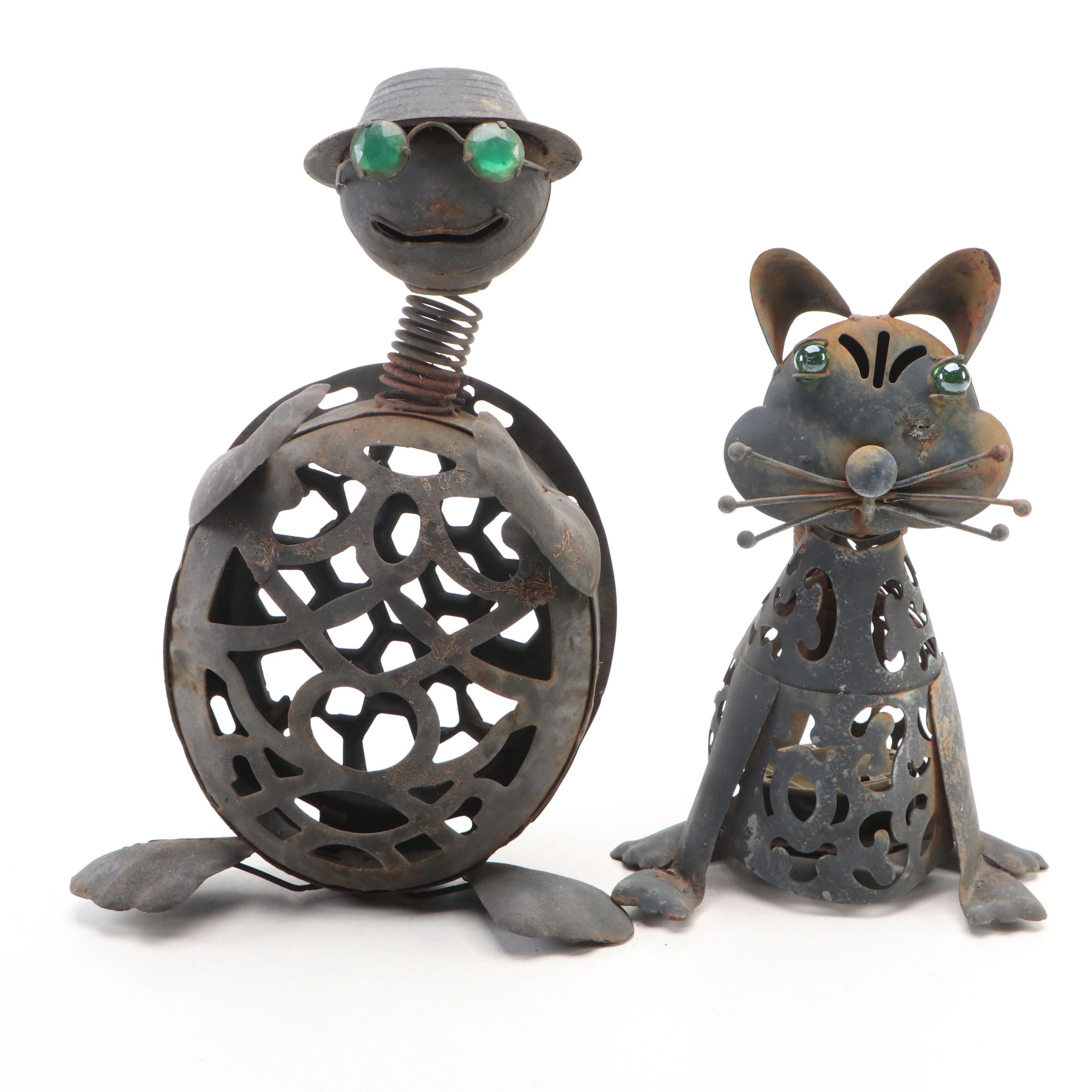 Sculpted Metal Turtle and Cat Garden Decorations