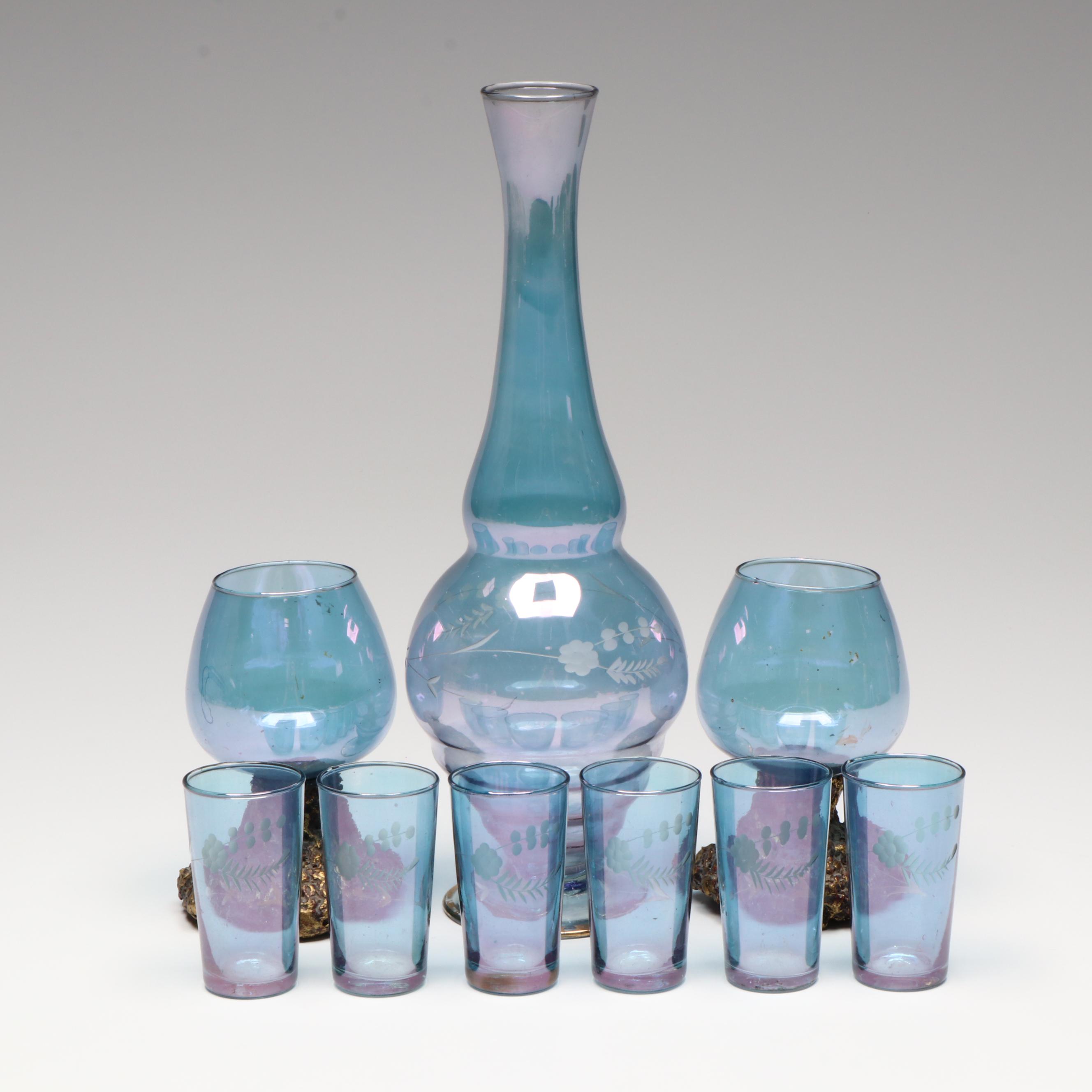 MCM Style Floral Glass Decanter and Shot Glasses with Wood Base Wine Glasses