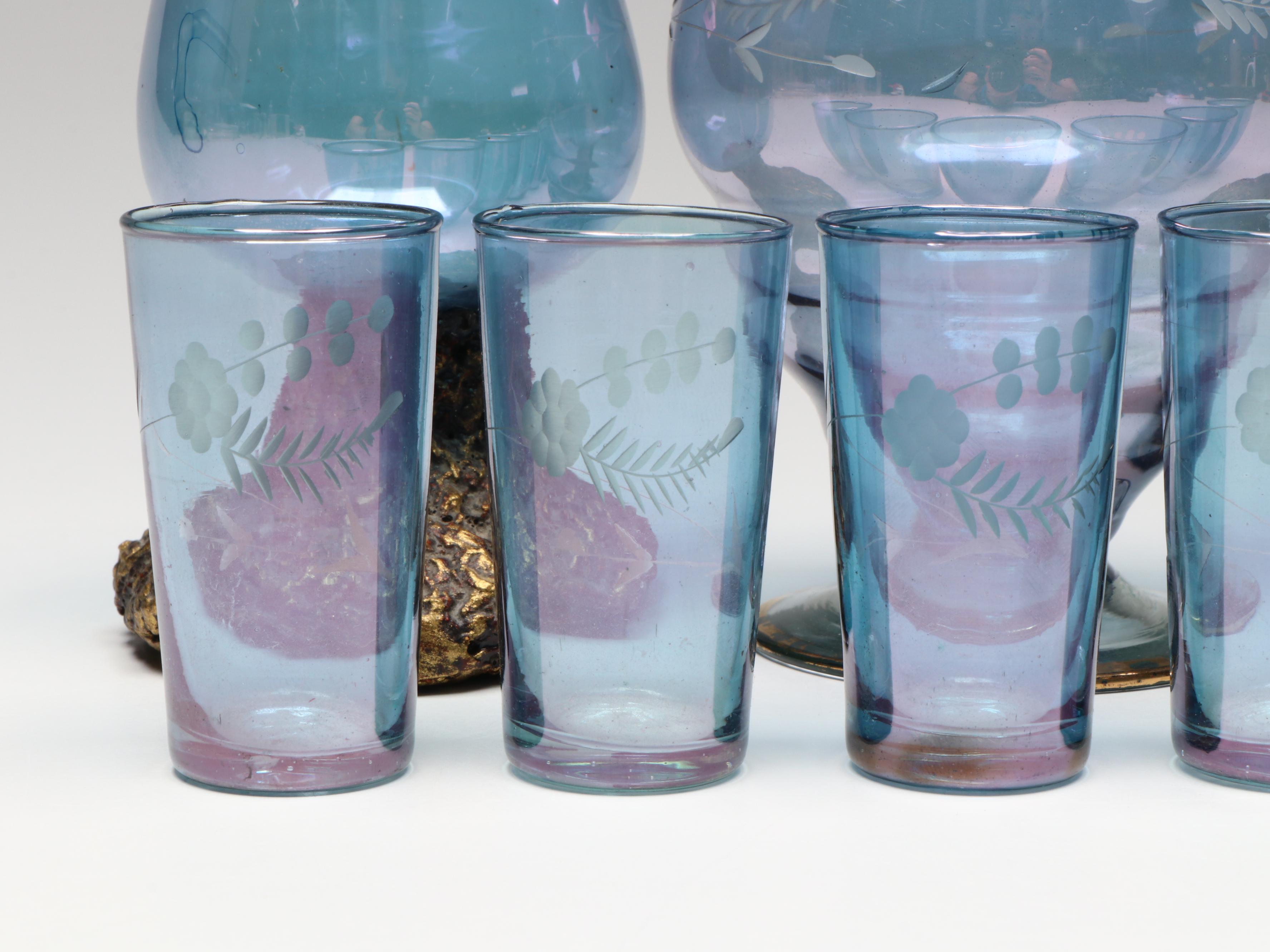 MCM Style Floral Glass Decanter and Shot Glasses with Wood Base Wine Glasses