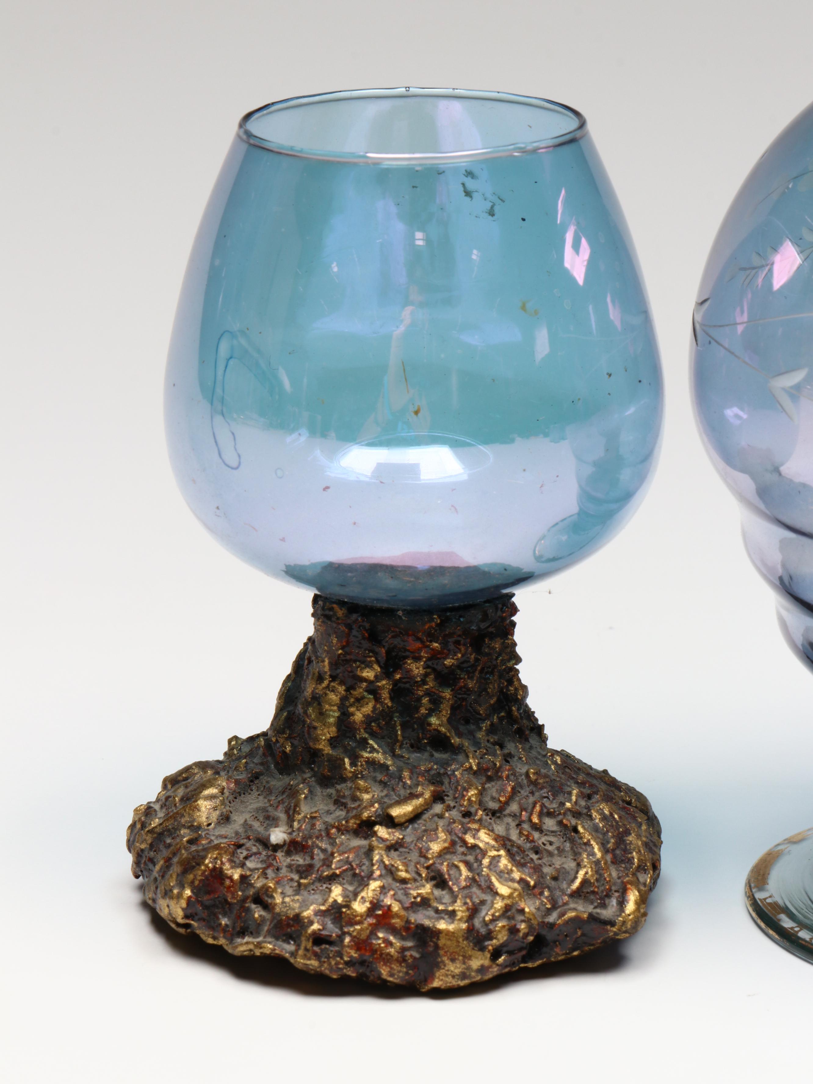 MCM Style Floral Glass Decanter and Shot Glasses with Wood Base Wine Glasses