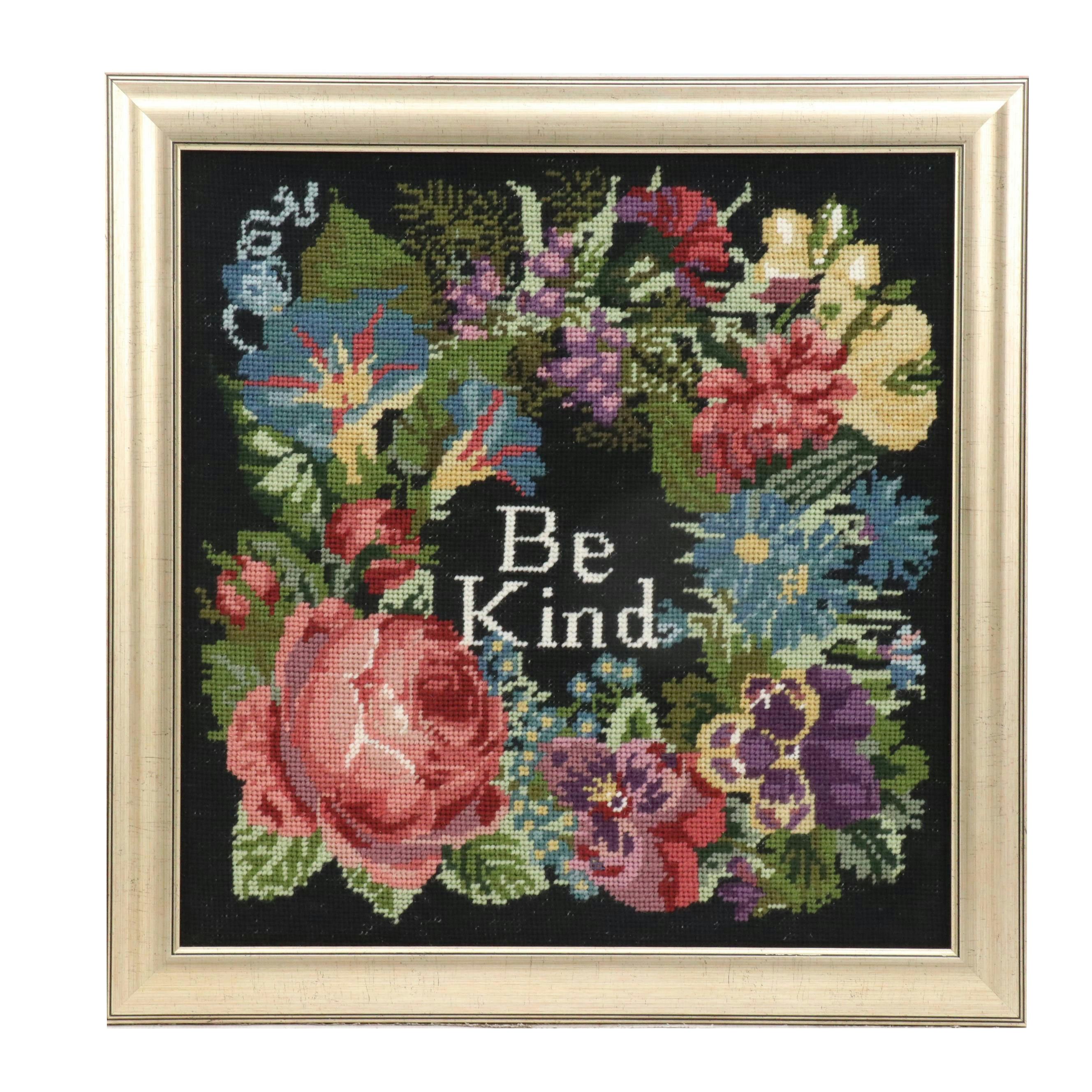 Kathleen Graf Floral "Be Kind" Needlepoint After Elizabeth Bradley