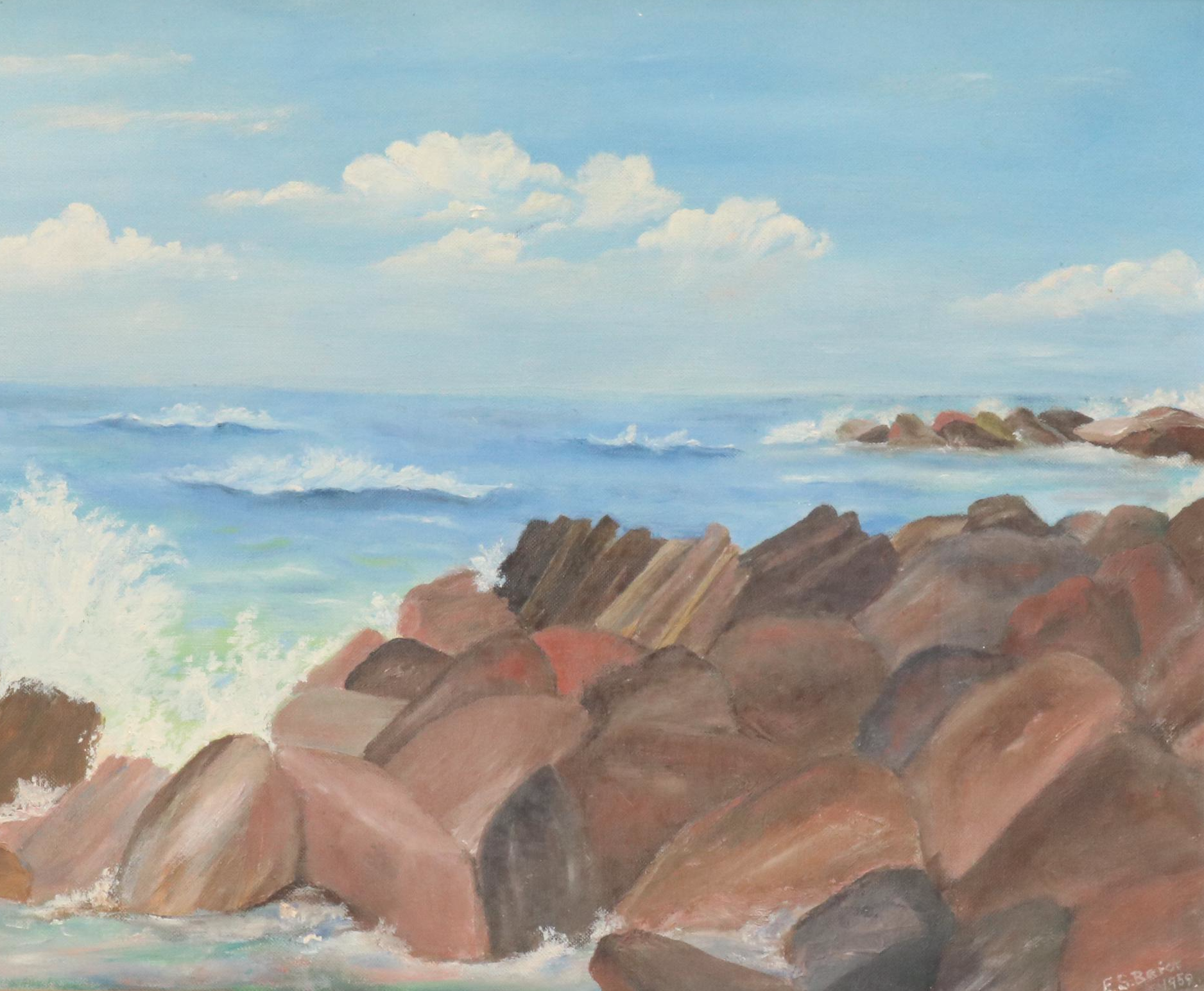 E. S Baier Oil Painting of Rocky Shore, 1959