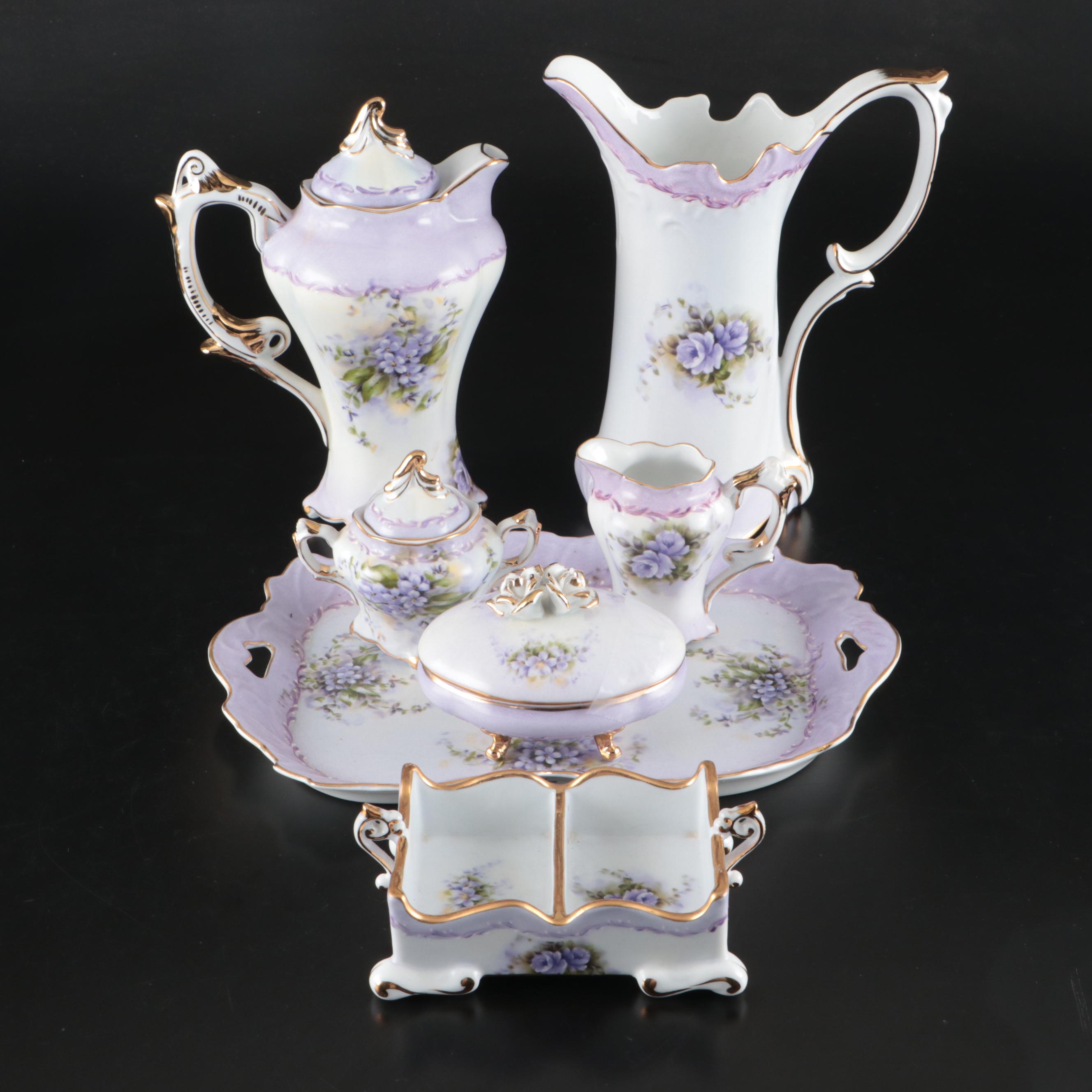Porcelain Treasures Lavender Hydrangea Tea Set, Pitcher, Tray, and More