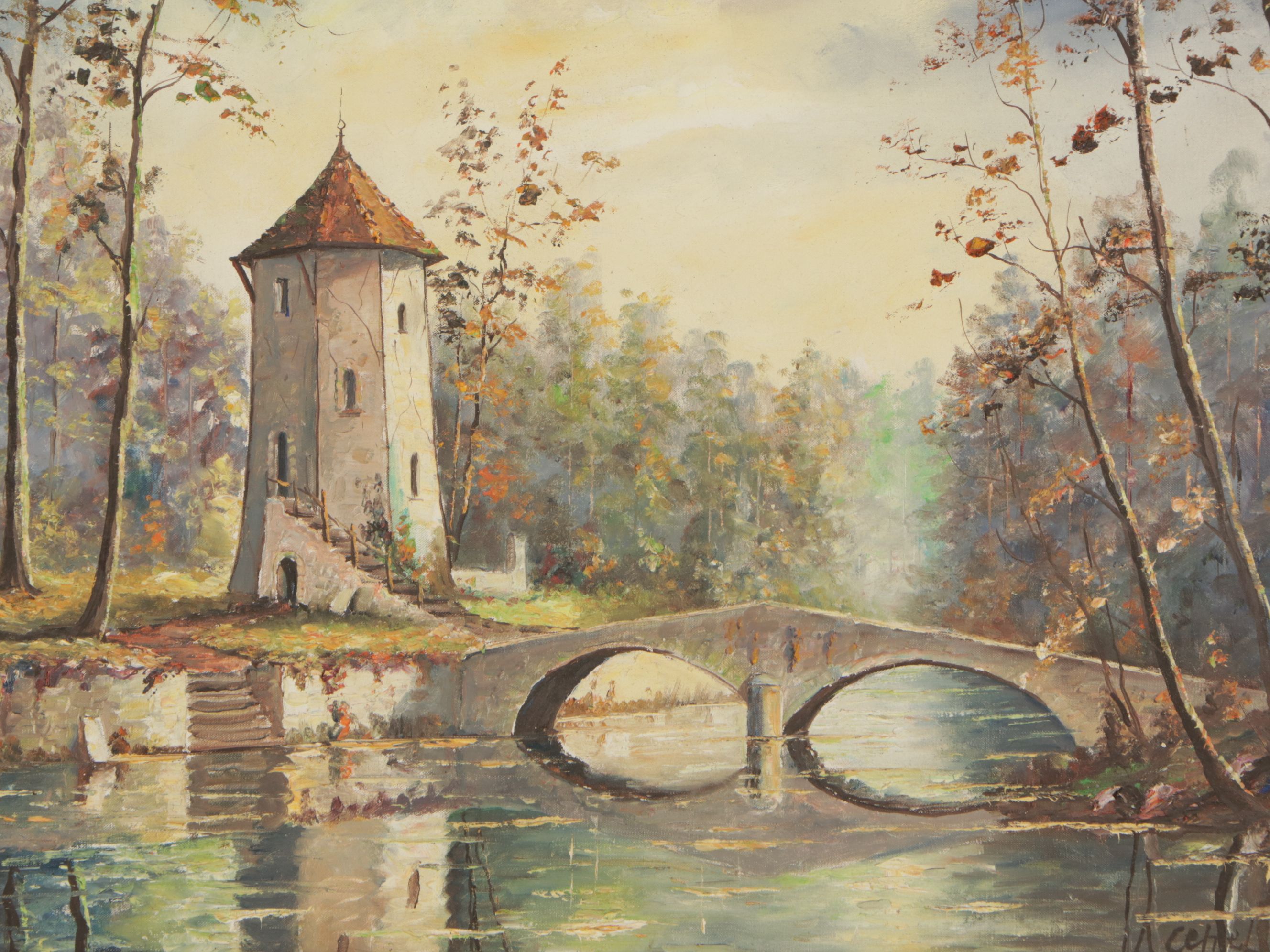 Romantic Realistic Oil Painting of a Dovecote on Riverfront Landscape, 1968