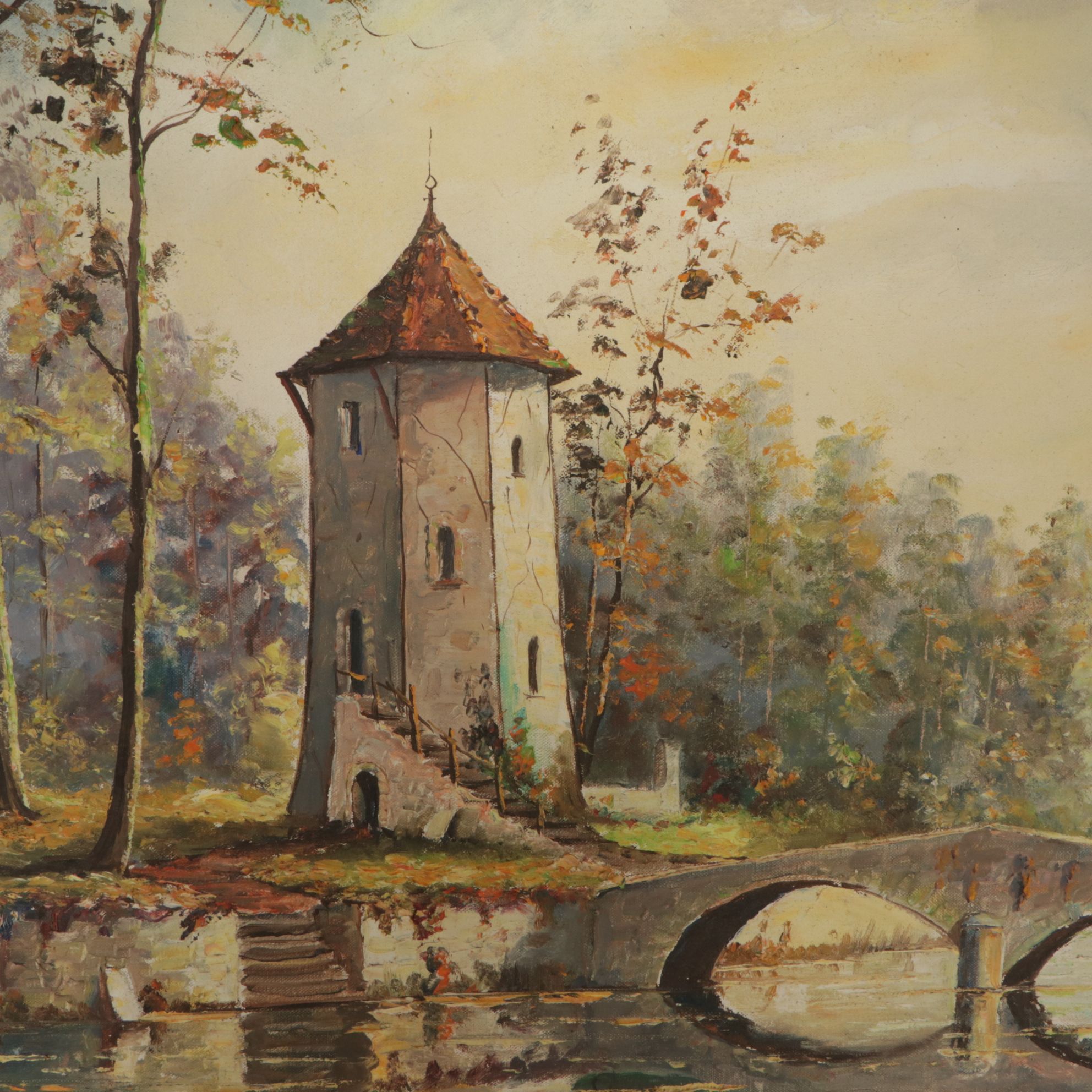 Romantic Realistic Oil Painting of a Dovecote on Riverfront Landscape, 1968