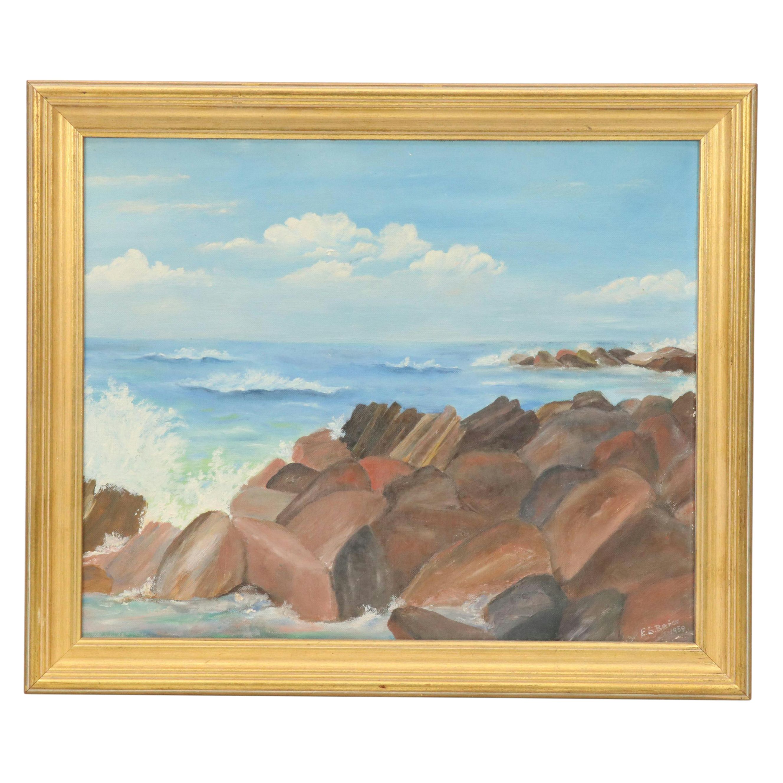 E. S Baier Oil Painting of Rocky Shore, 1959