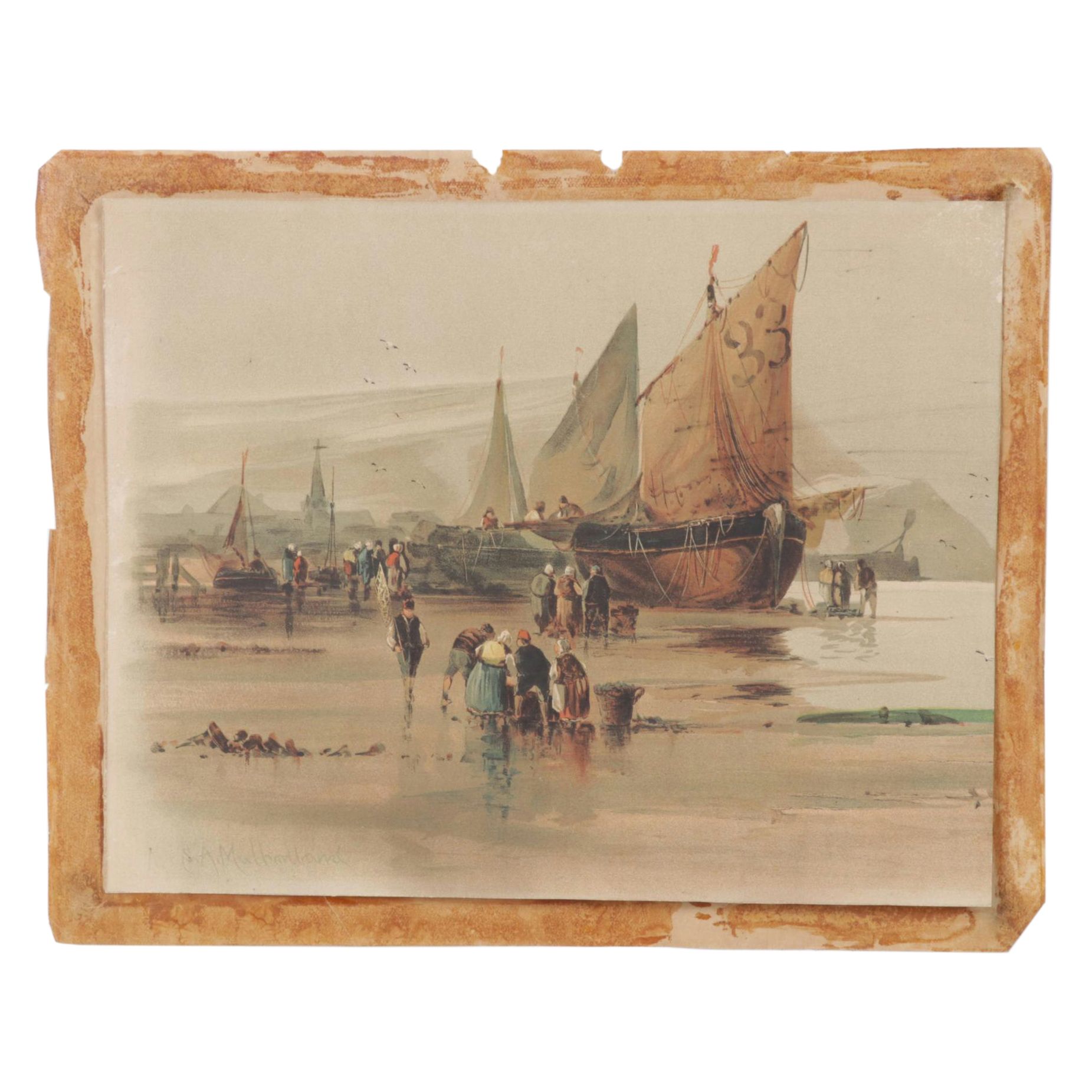 Chromolithograph after Sydney A. Mulholland of Workers in Harbor Scene, 1897