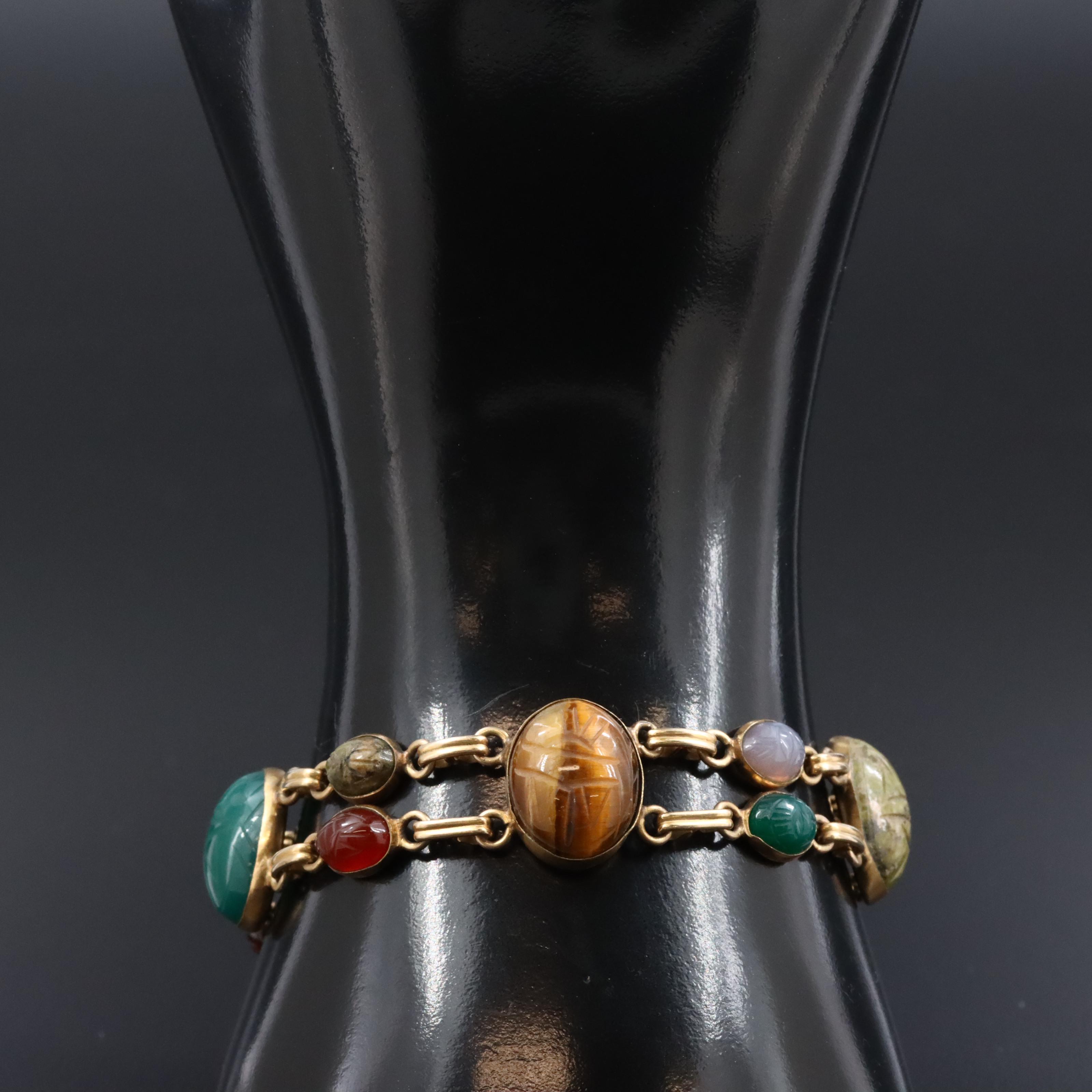 Vintage Gold-Filled Gemstone Scarab Bracelet