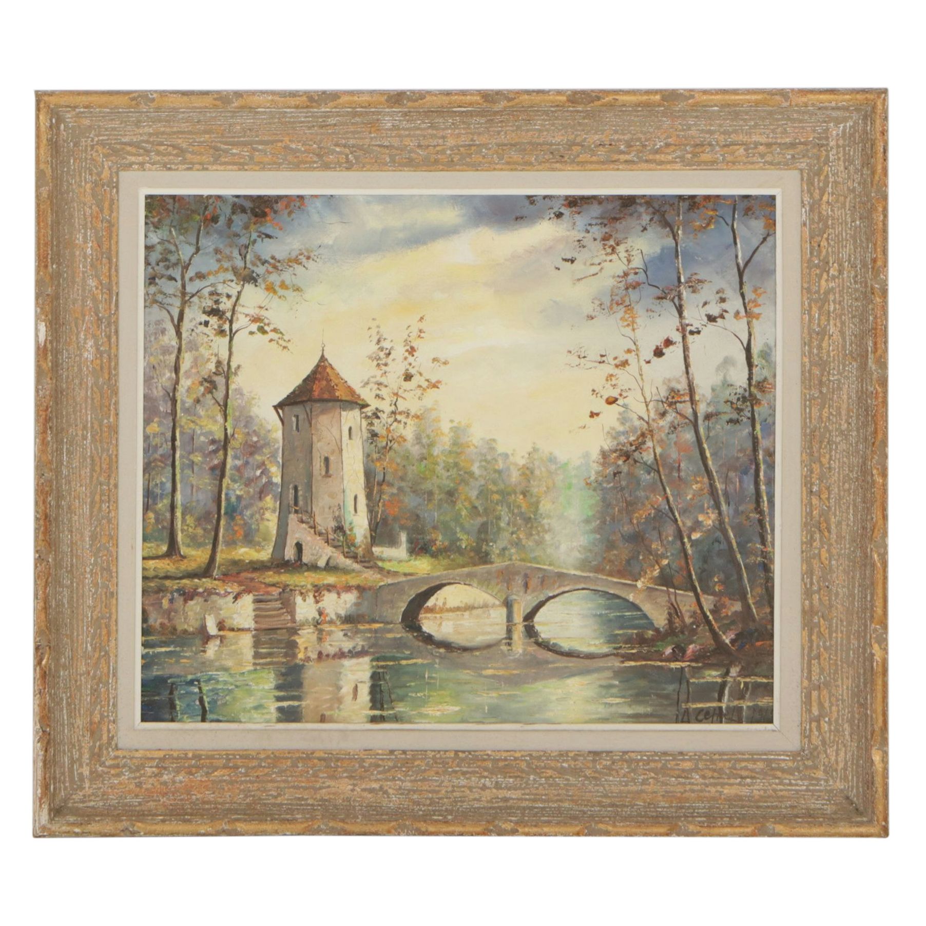 Romantic Realistic Oil Painting of a Dovecote on Riverfront Landscape, 1968