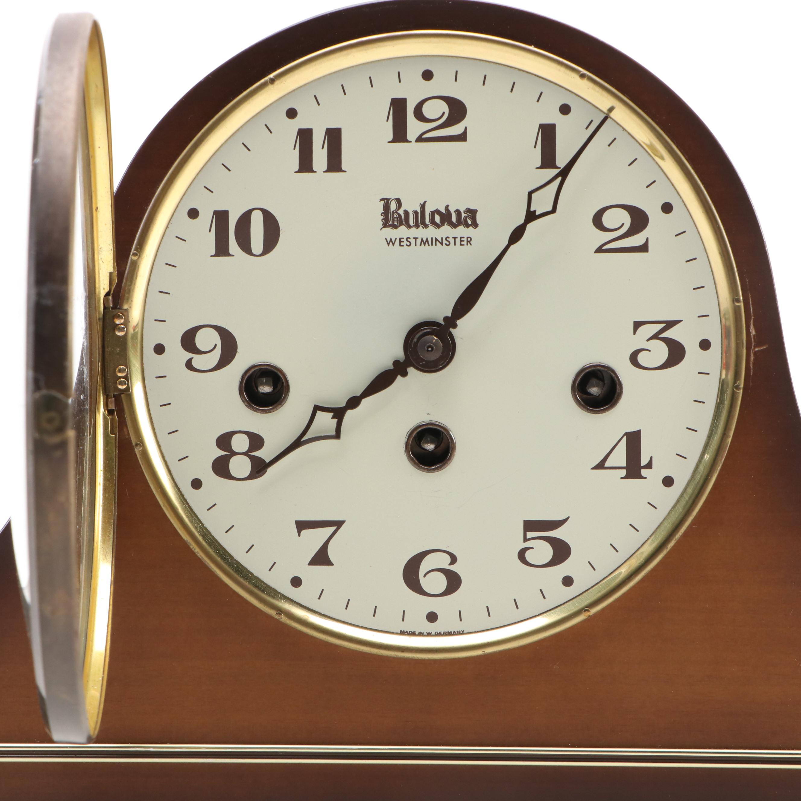Bulova Wood with Brass Decals Mantel Clock