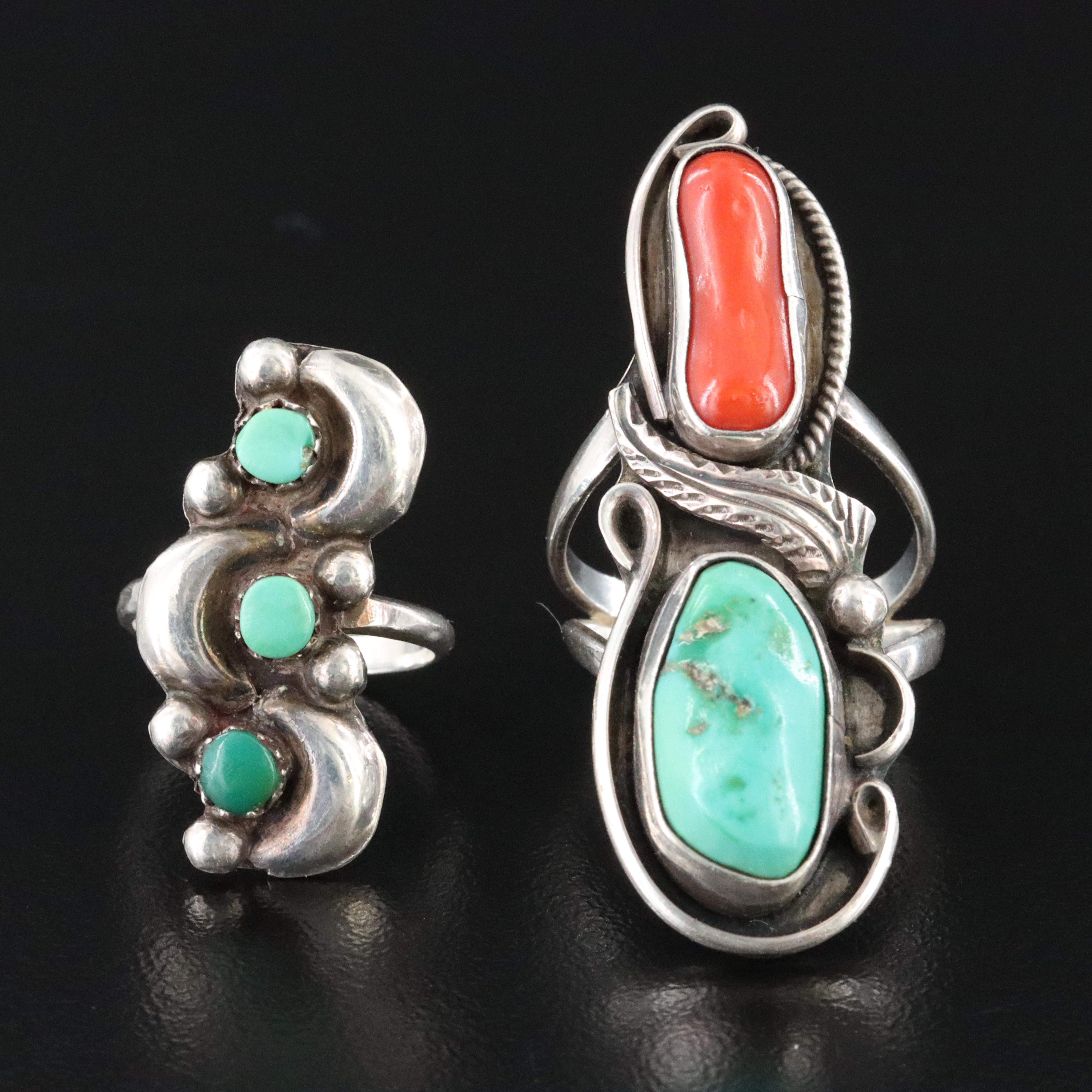 Sterling Coral and Turquoise Pointer Rings