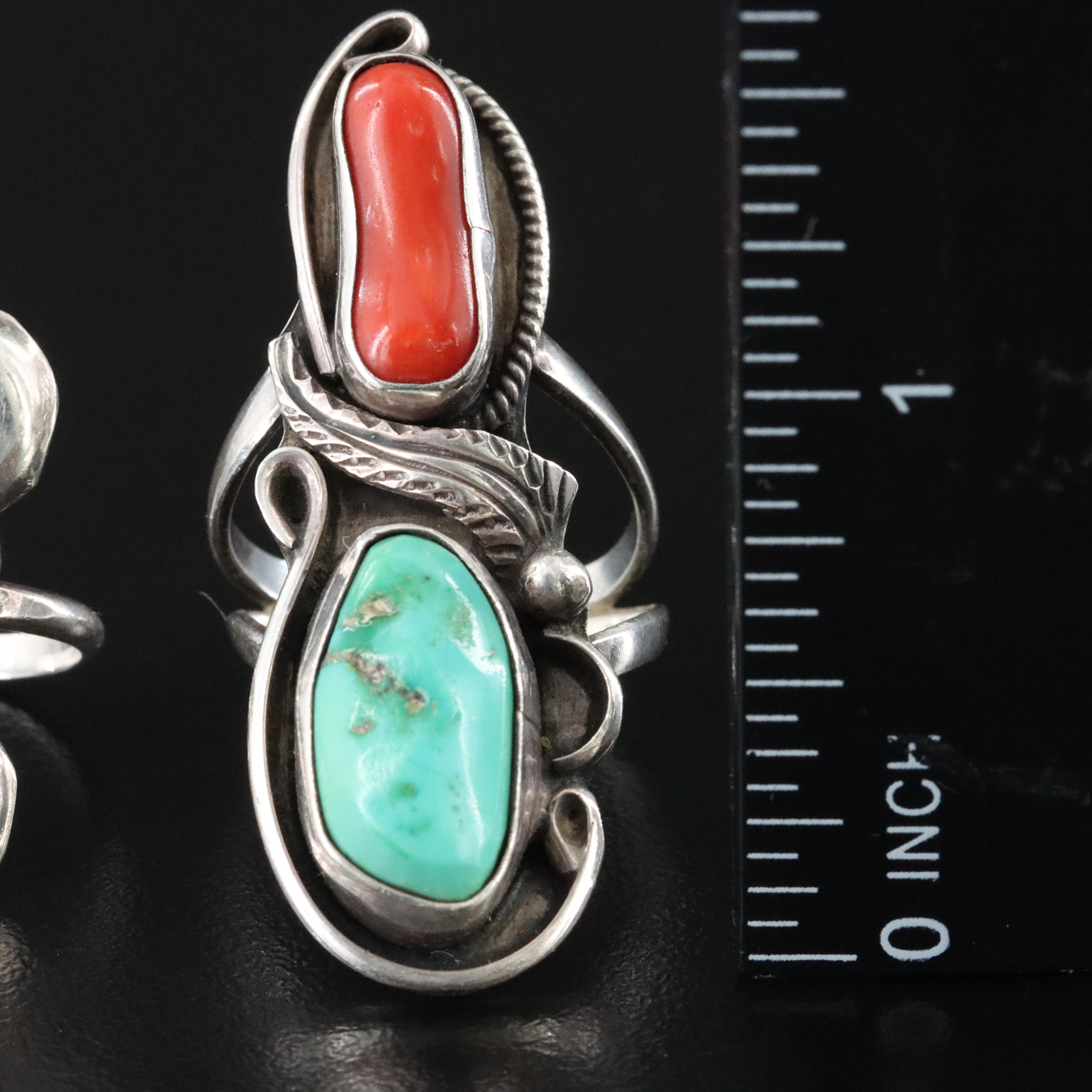 Sterling Coral and Turquoise Pointer Rings