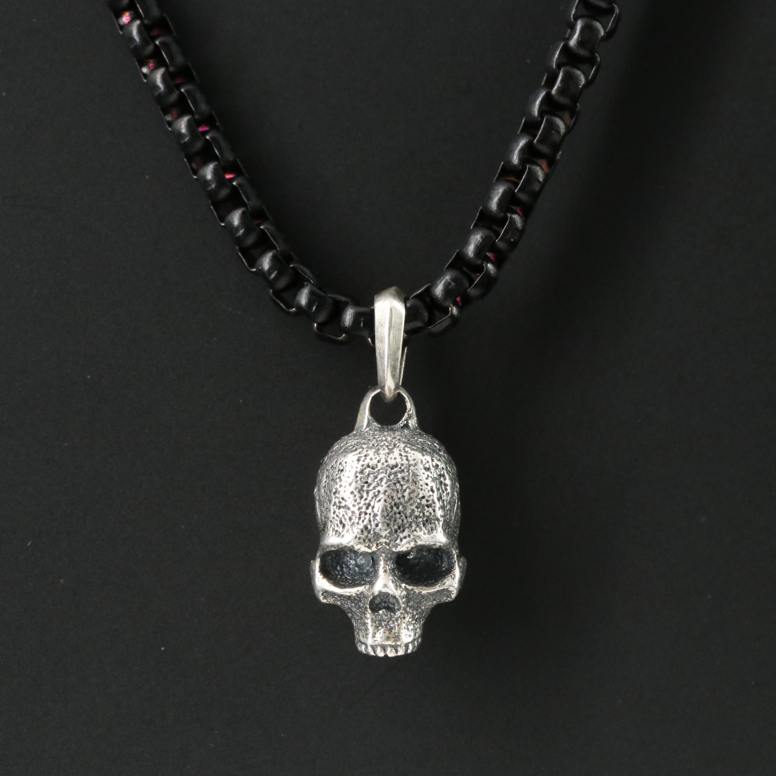 David Yurman Sterling Memento Mori Skull Amulet on Darkened Stainless Chain