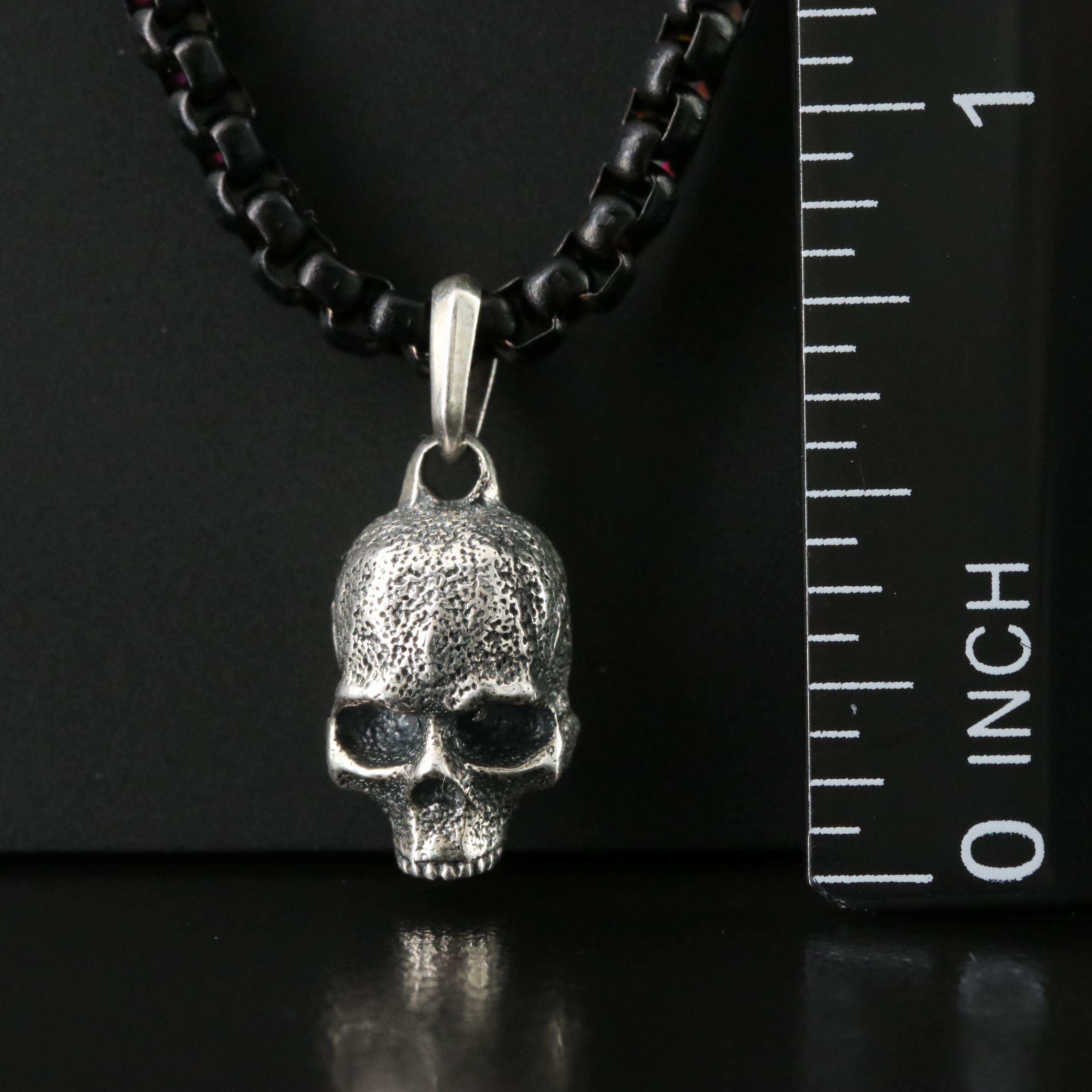 David Yurman Sterling Memento Mori Skull Amulet on Darkened Stainless Chain