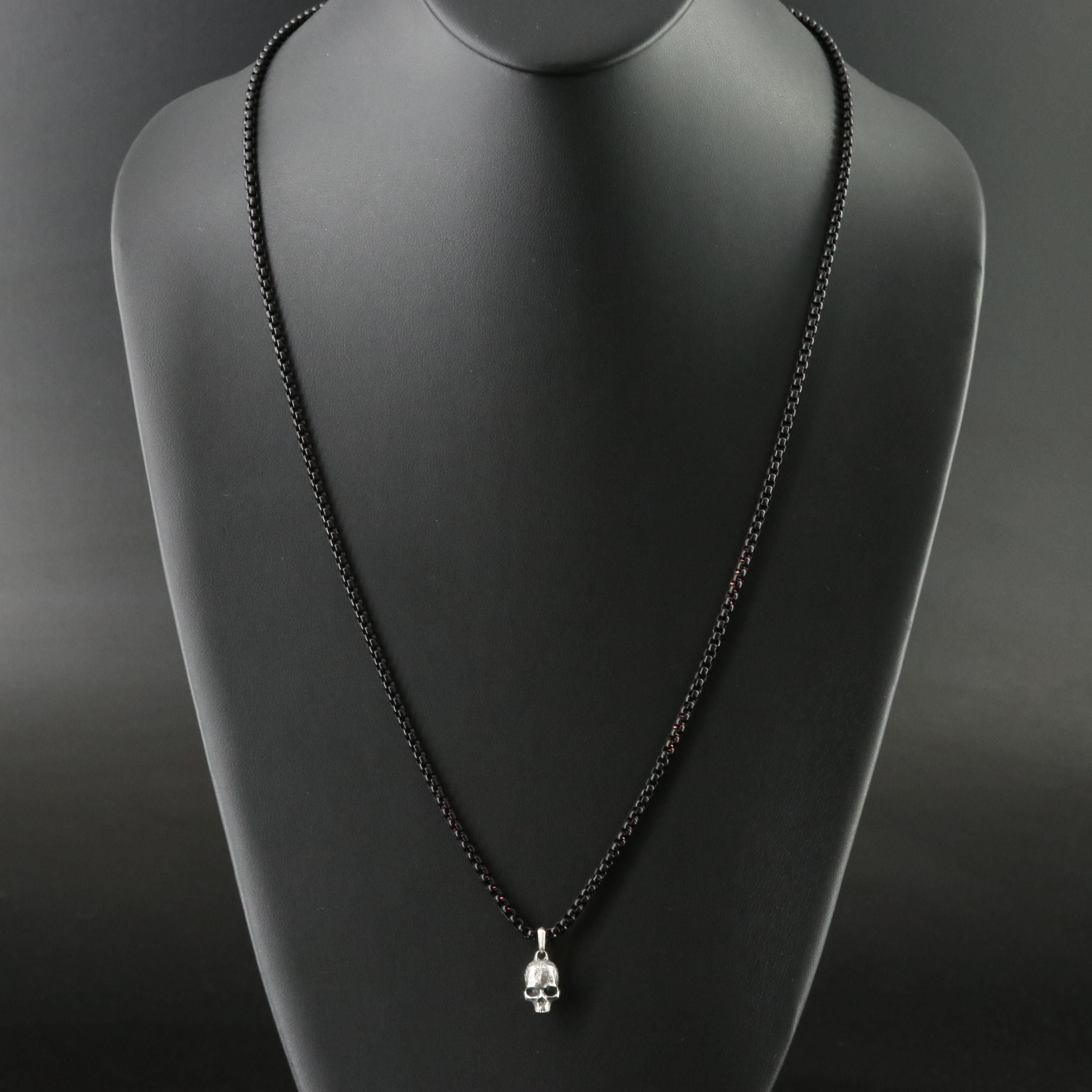 David Yurman Sterling Memento Mori Skull Amulet on Darkened Stainless Chain