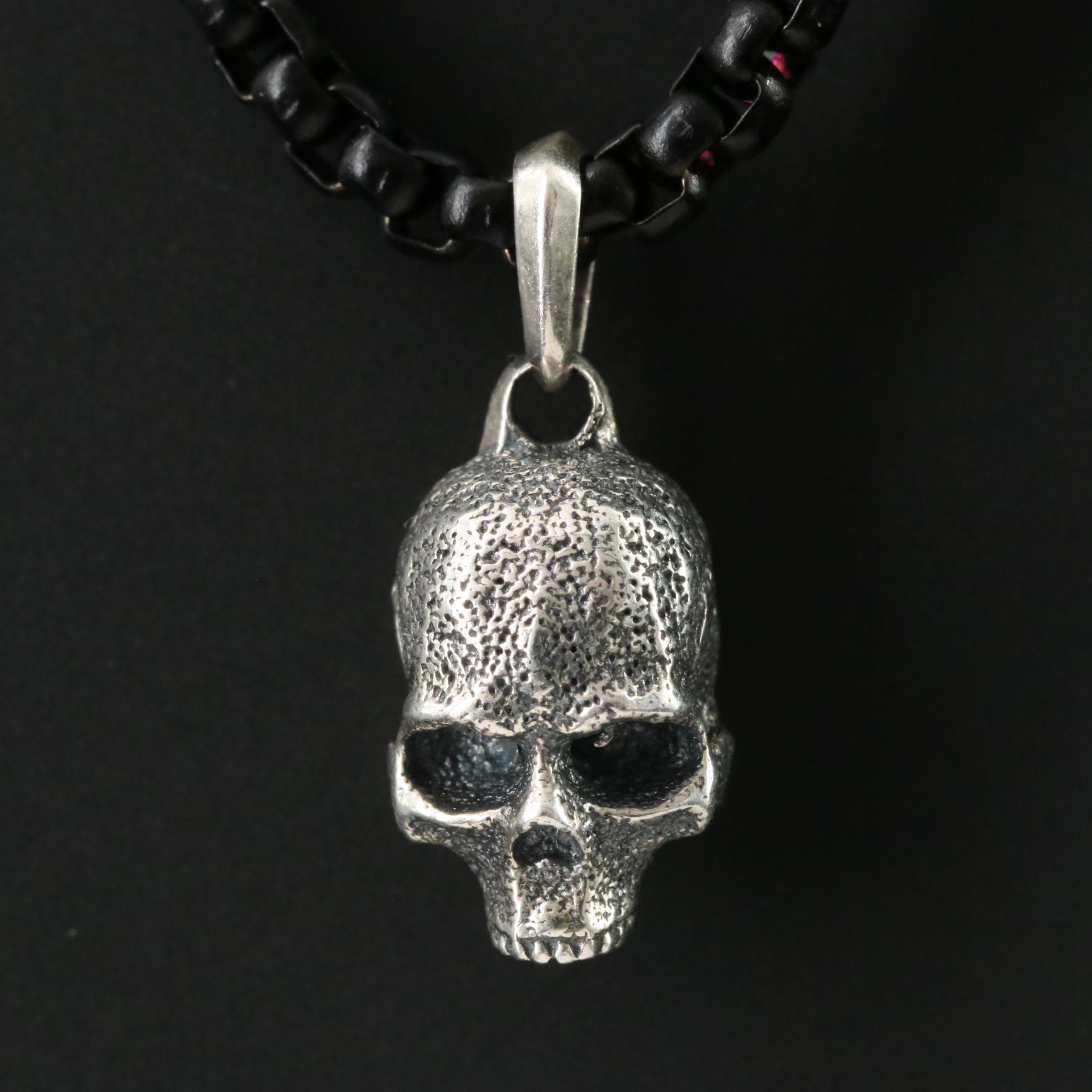 David Yurman Sterling Memento Mori Skull Amulet on Darkened Stainless Chain