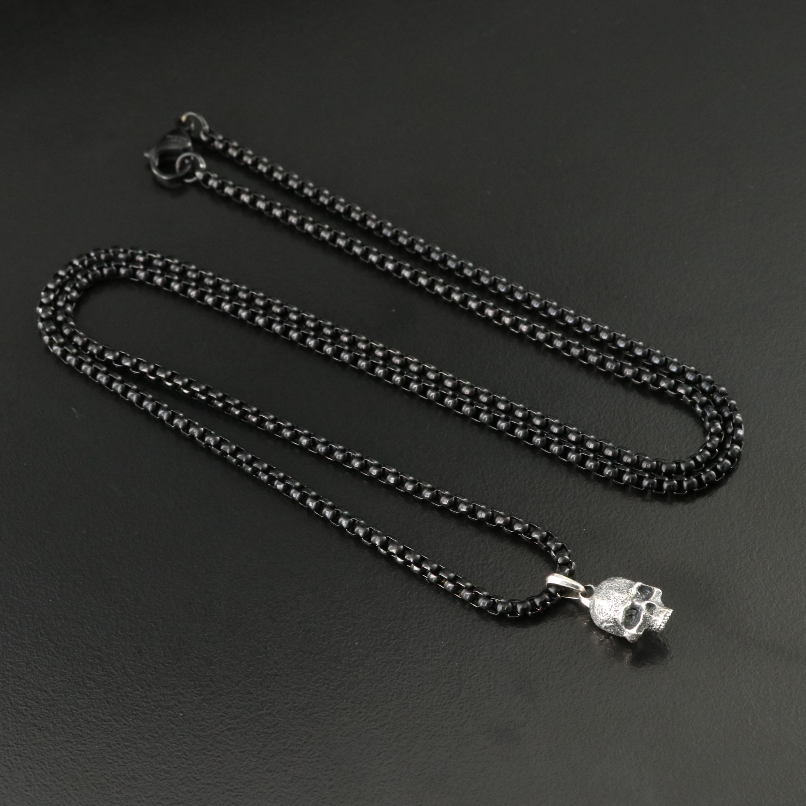 David Yurman Sterling Memento Mori Skull Amulet on Darkened Stainless Chain