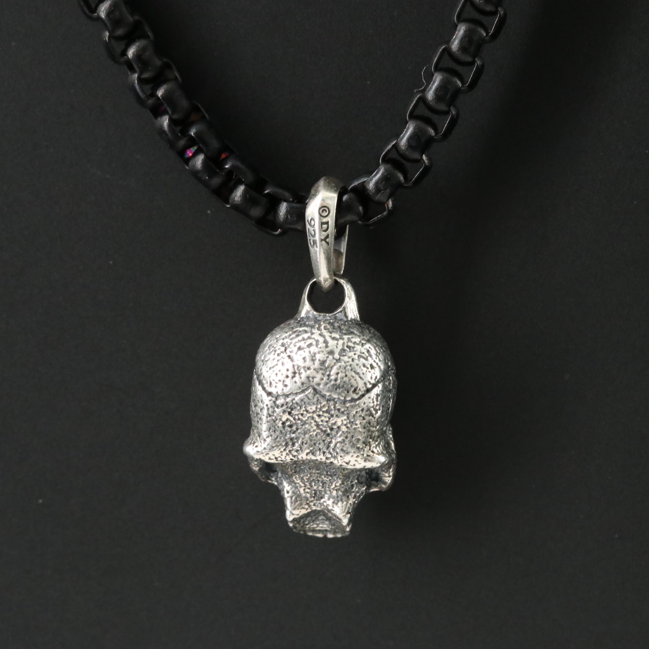 David Yurman Sterling Memento Mori Skull Amulet on Darkened Stainless Chain