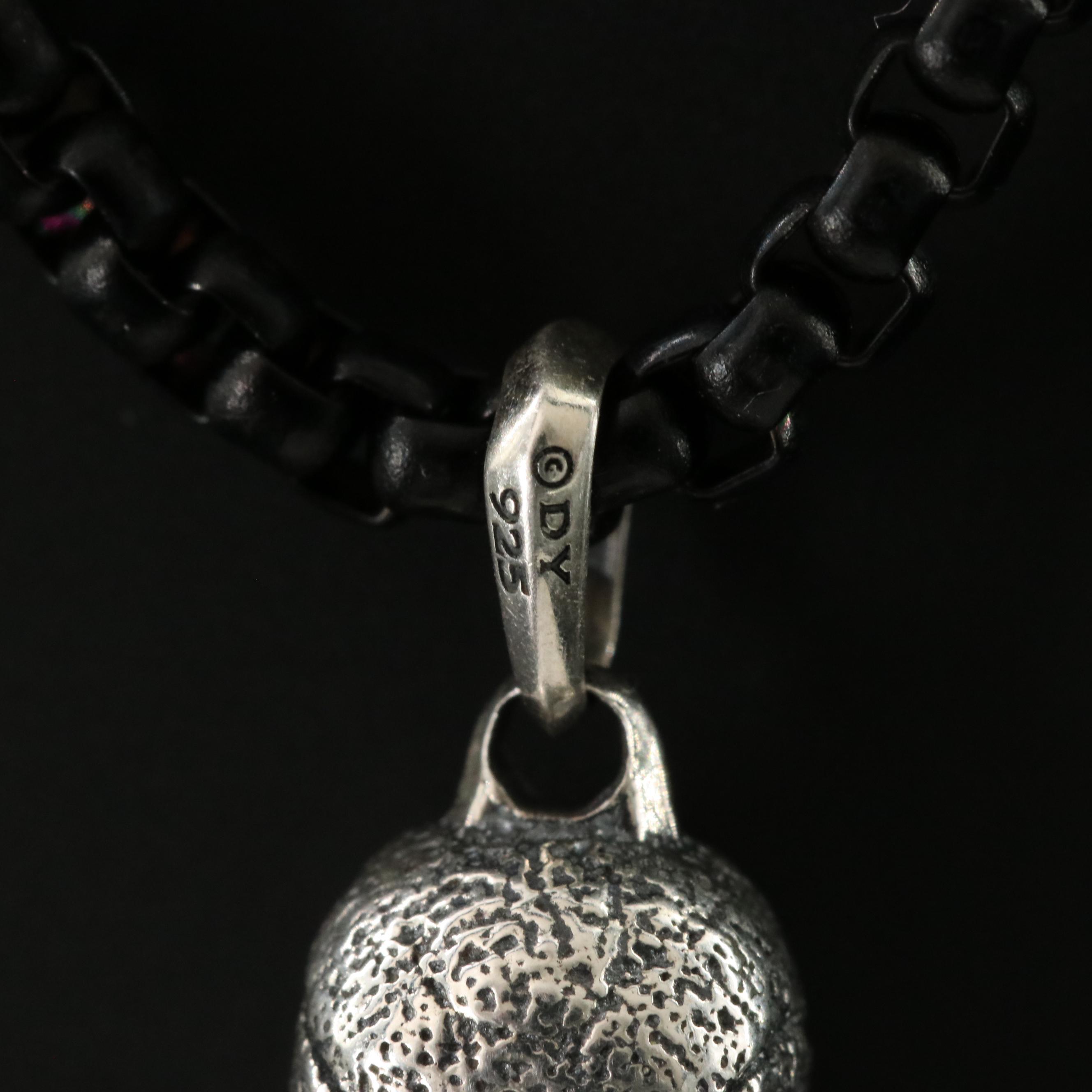 David Yurman Sterling Memento Mori Skull Amulet on Darkened Stainless Chain