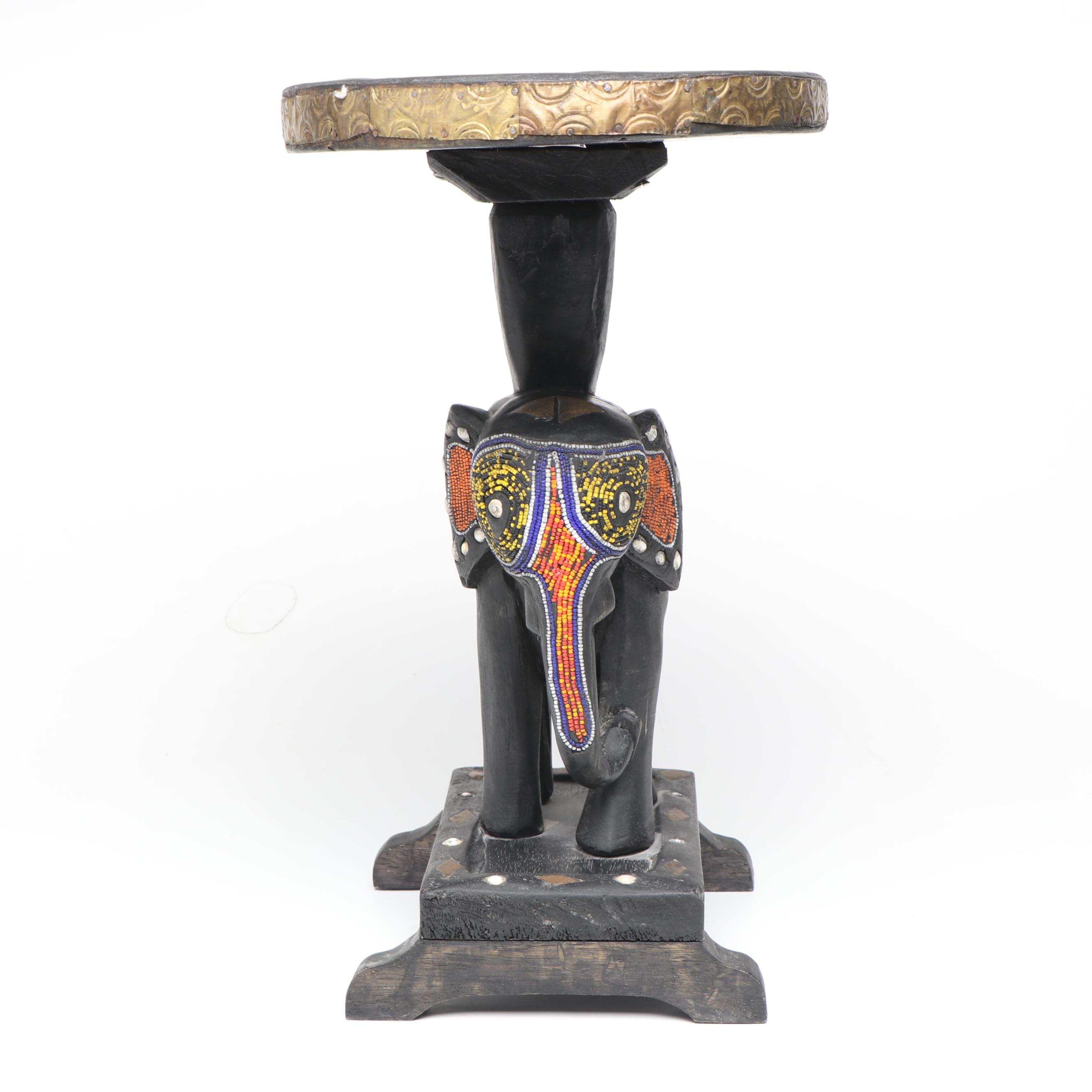 Handcrafted Wooden Elephant Accent Table with Beaded Embellishments