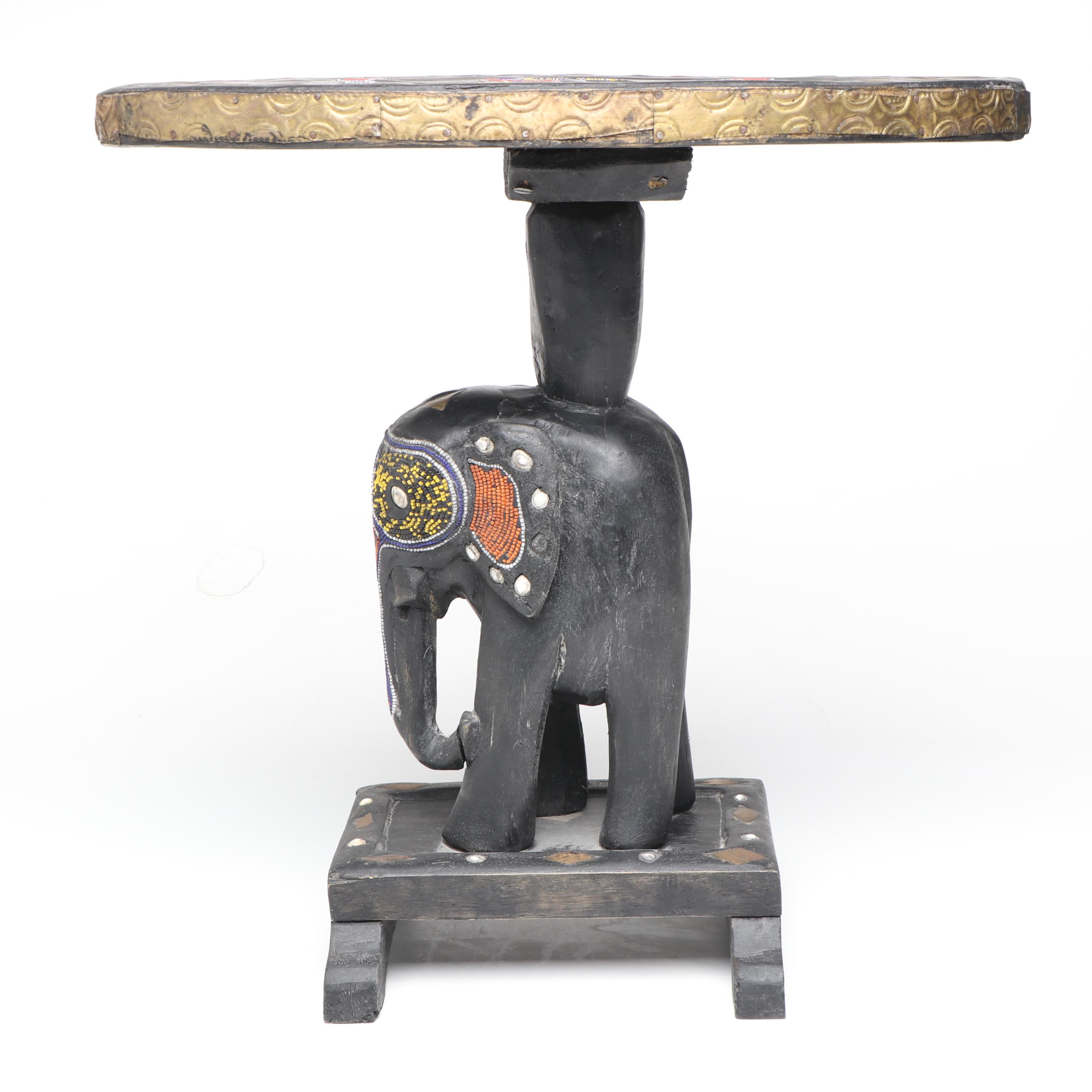 Handcrafted Wooden Elephant Accent Table with Beaded Embellishments