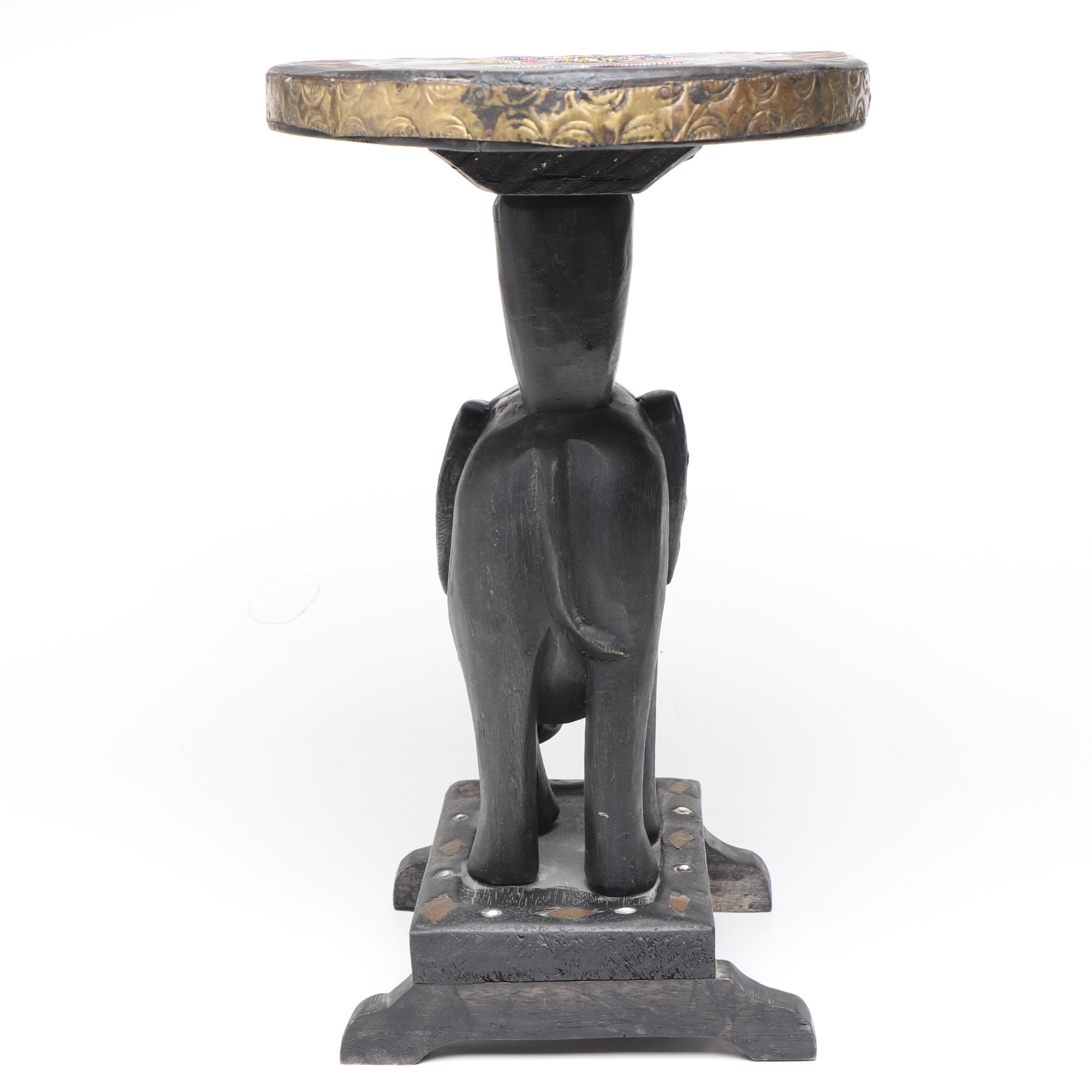 Handcrafted Wooden Elephant Accent Table with Beaded Embellishments