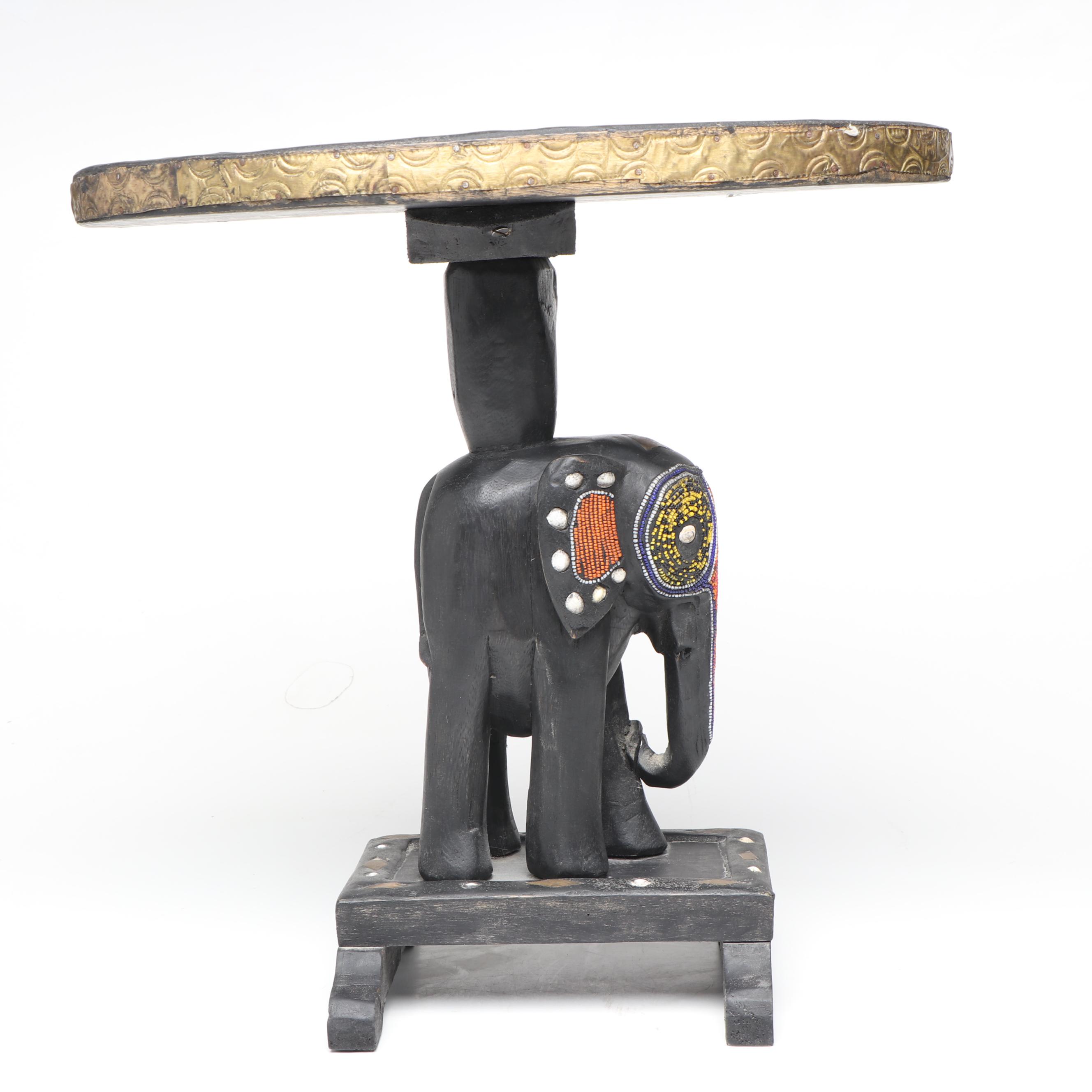 Handcrafted Wooden Elephant Accent Table with Beaded Embellishments
